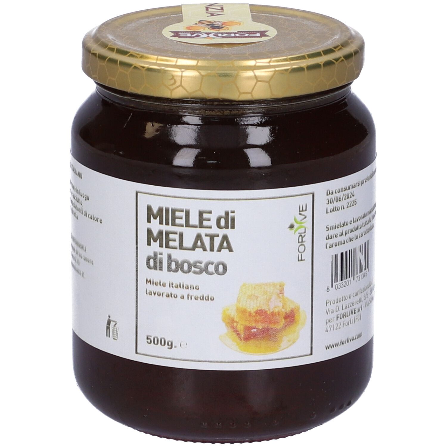 Barattolo di miele con etichetta 'Miele di Melata di Bosco'. Immagine favo. Coperchio dorato. Codice a barre.