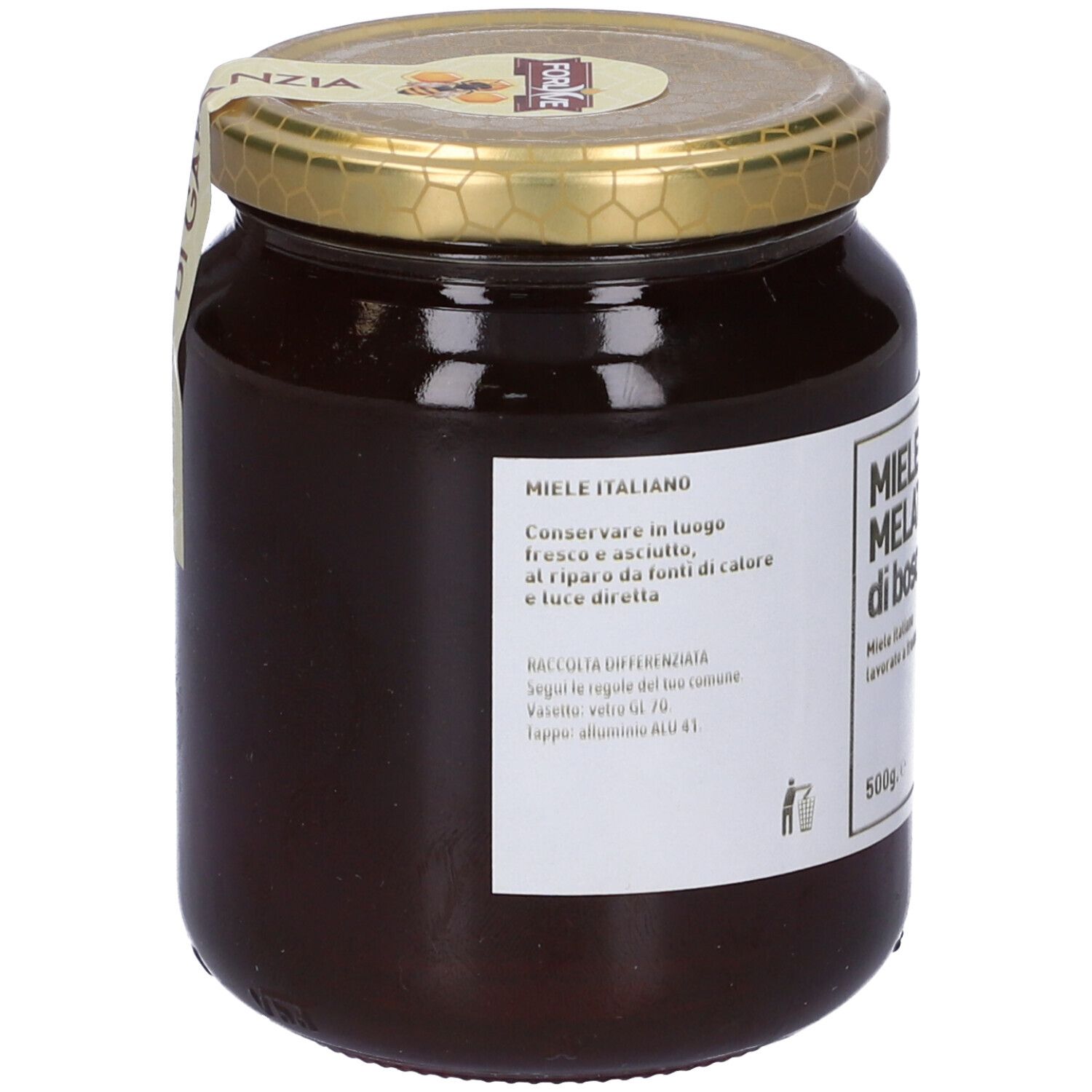 Barattolo di miele con etichetta 'Miele di Melata di Bosco'. Coperchio dorato. Etichetta con testo e simbolo riciclo.