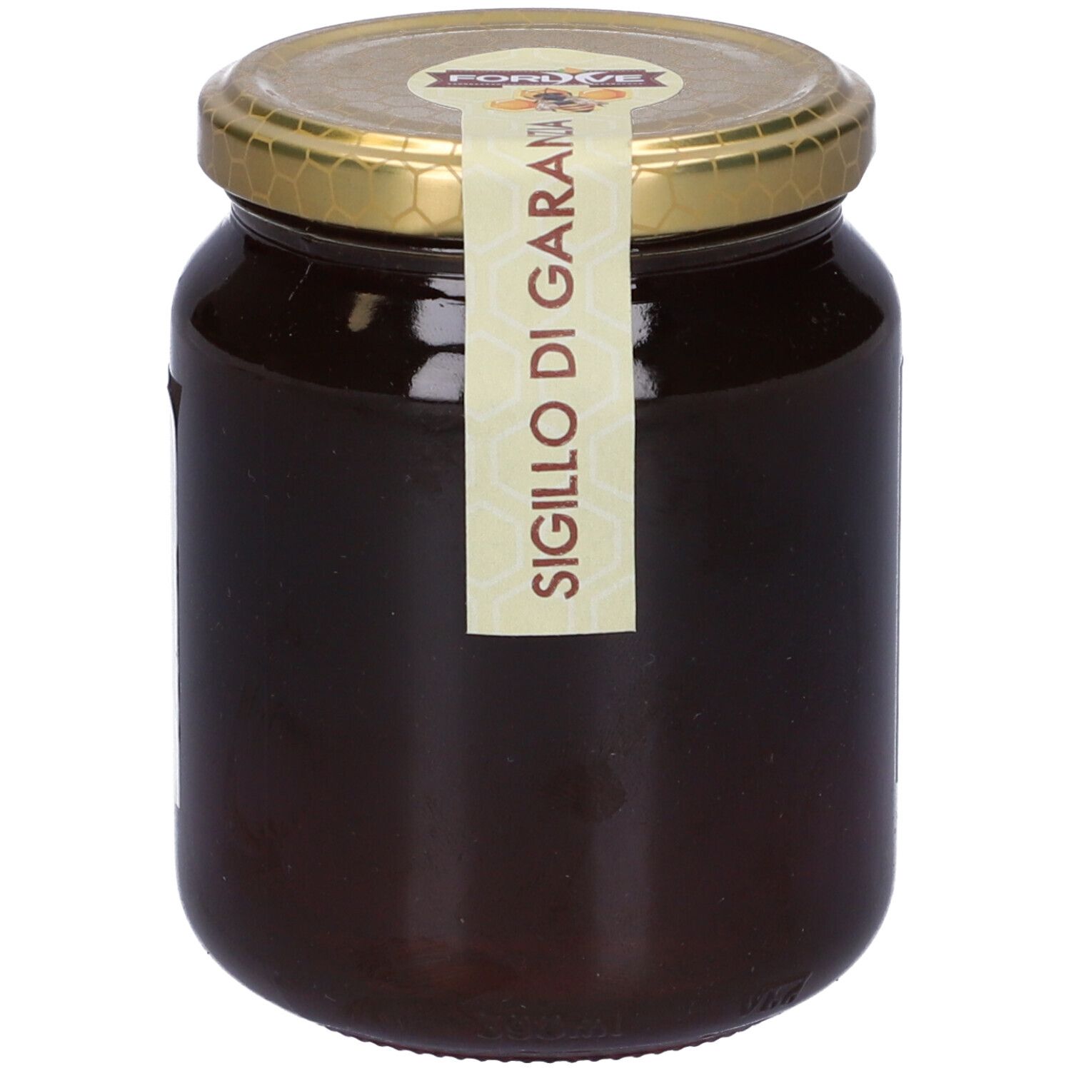 Barattolo di miele con coperchio dorato. Etichetta 'Sigillo di Garanzia'.