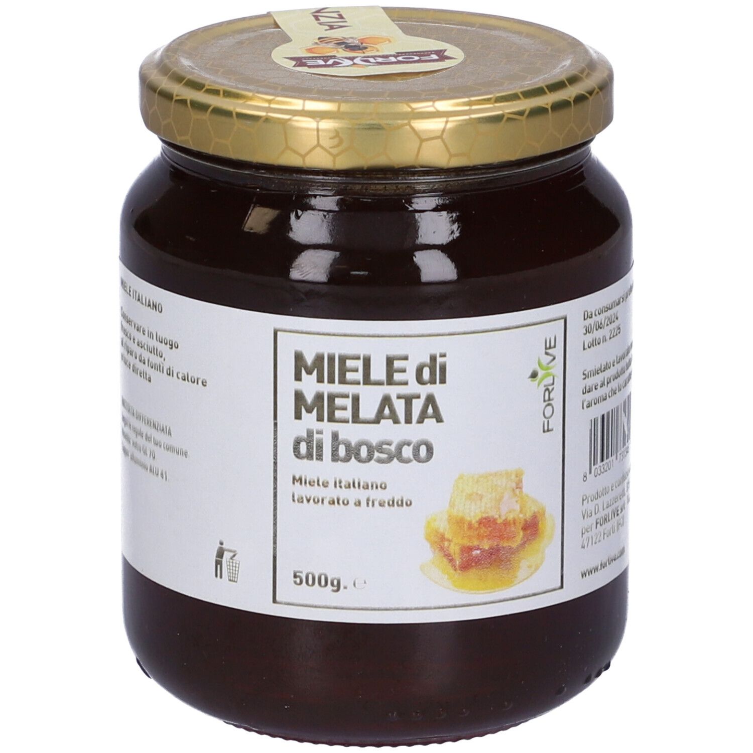 Barattolo di miele con etichetta 'Miele di Melata di Bosco'. Immagine favo. Coperchio dorato.