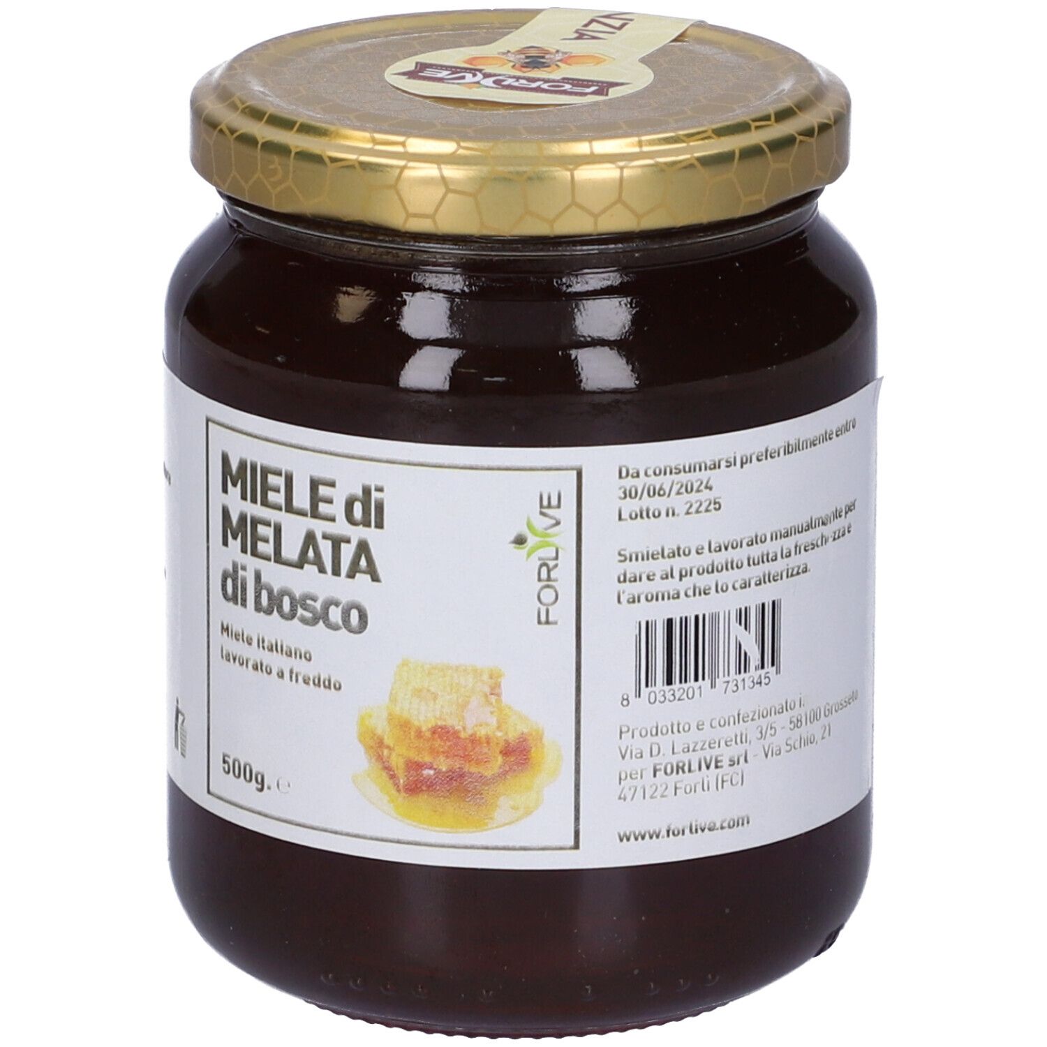 Barattolo di miele con etichetta 'Miele di Melata di Bosco'. Immagine favo. Coperchio dorato. Codice a barre.