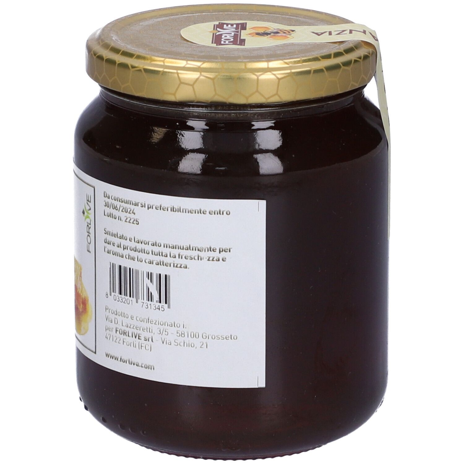 Barattolo di miele con etichetta. Coperchio dorato. Etichetta con testo e codice a barre. Vista posteriore.