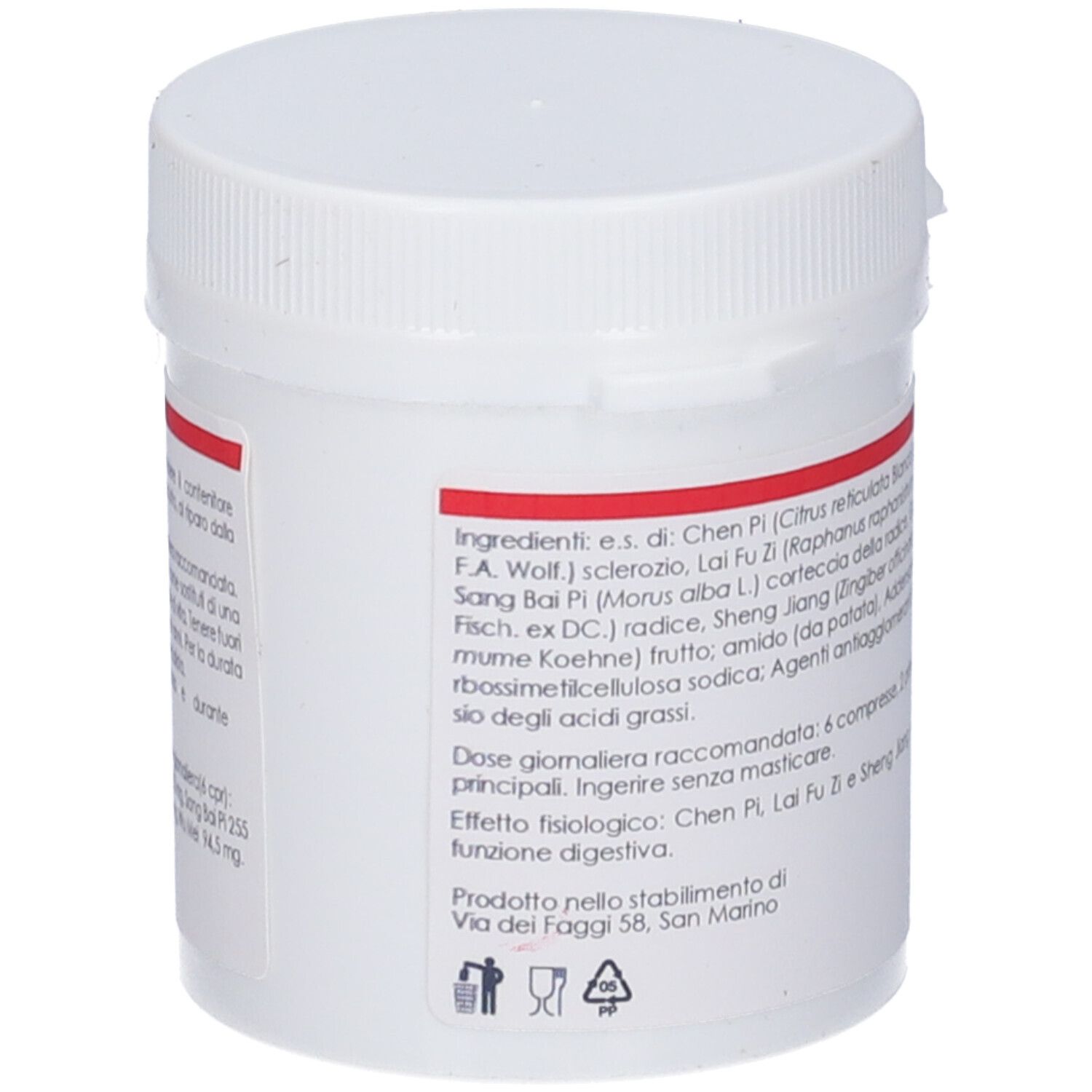 Barattolo bianco con etichetta rossa. Testo in italiano. Elenco ingredienti e istruzioni per il dosaggio.