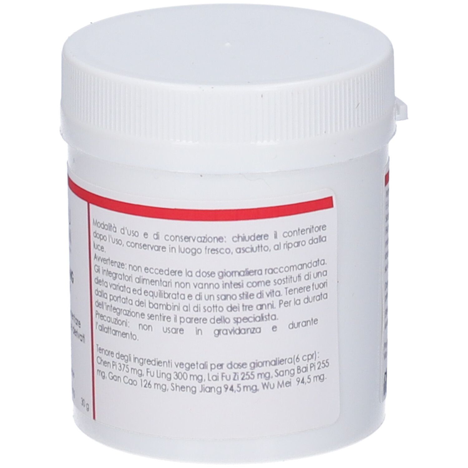 Barattolo bianco con etichetta rossa. Testo in italiano. Istruzioni per l'uso e la conservazione.