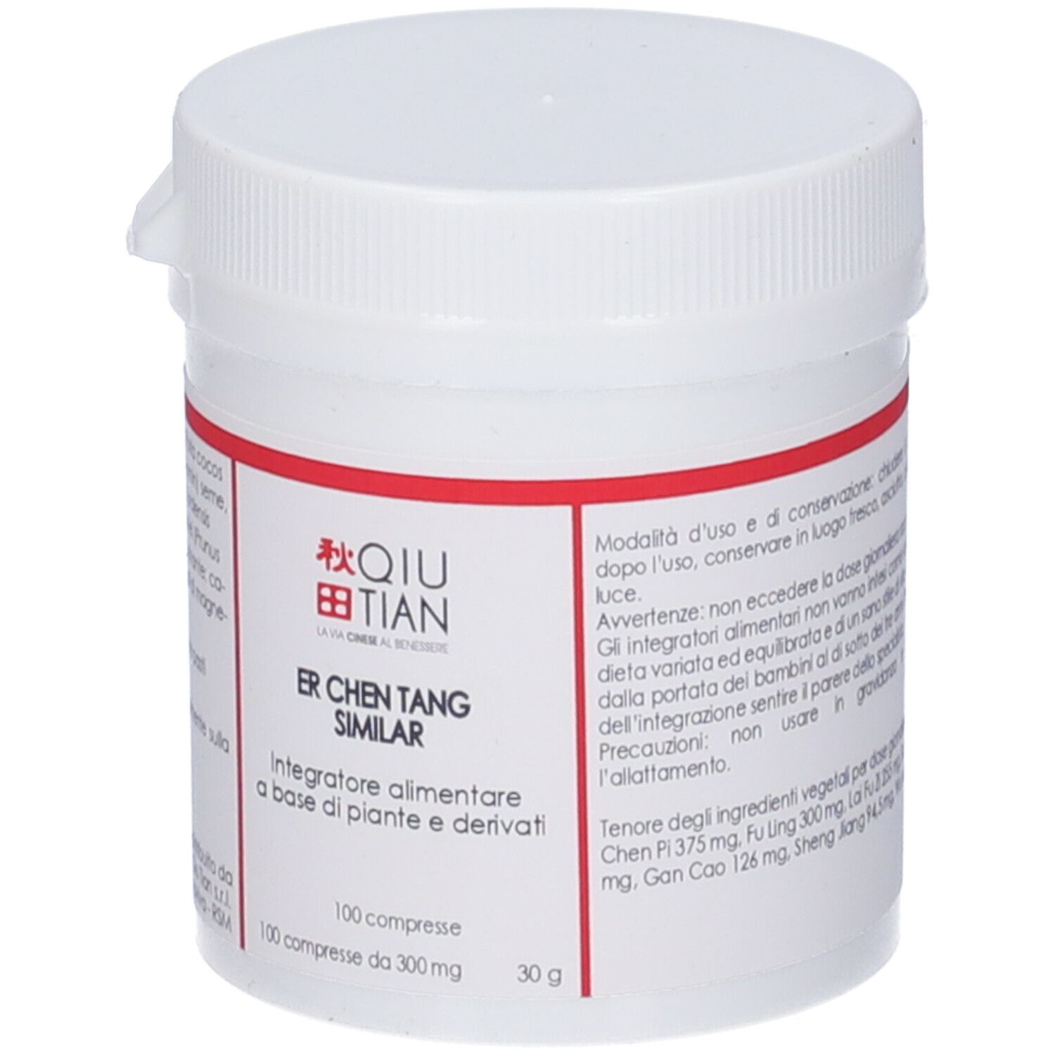 Barattolo bianco con etichetta rossa. Scritta 'Qiu Tian' e 'Er Chen Tang Similar'. 100 compresse.