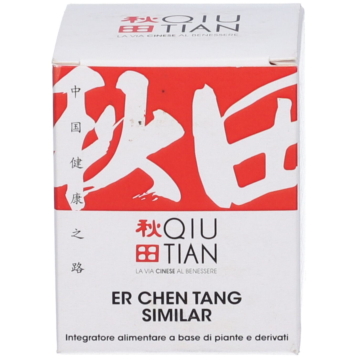 Scatola bianca con design rosso. Scritta 'Qiu Tian' e 'Er Chen Tang Similar'.