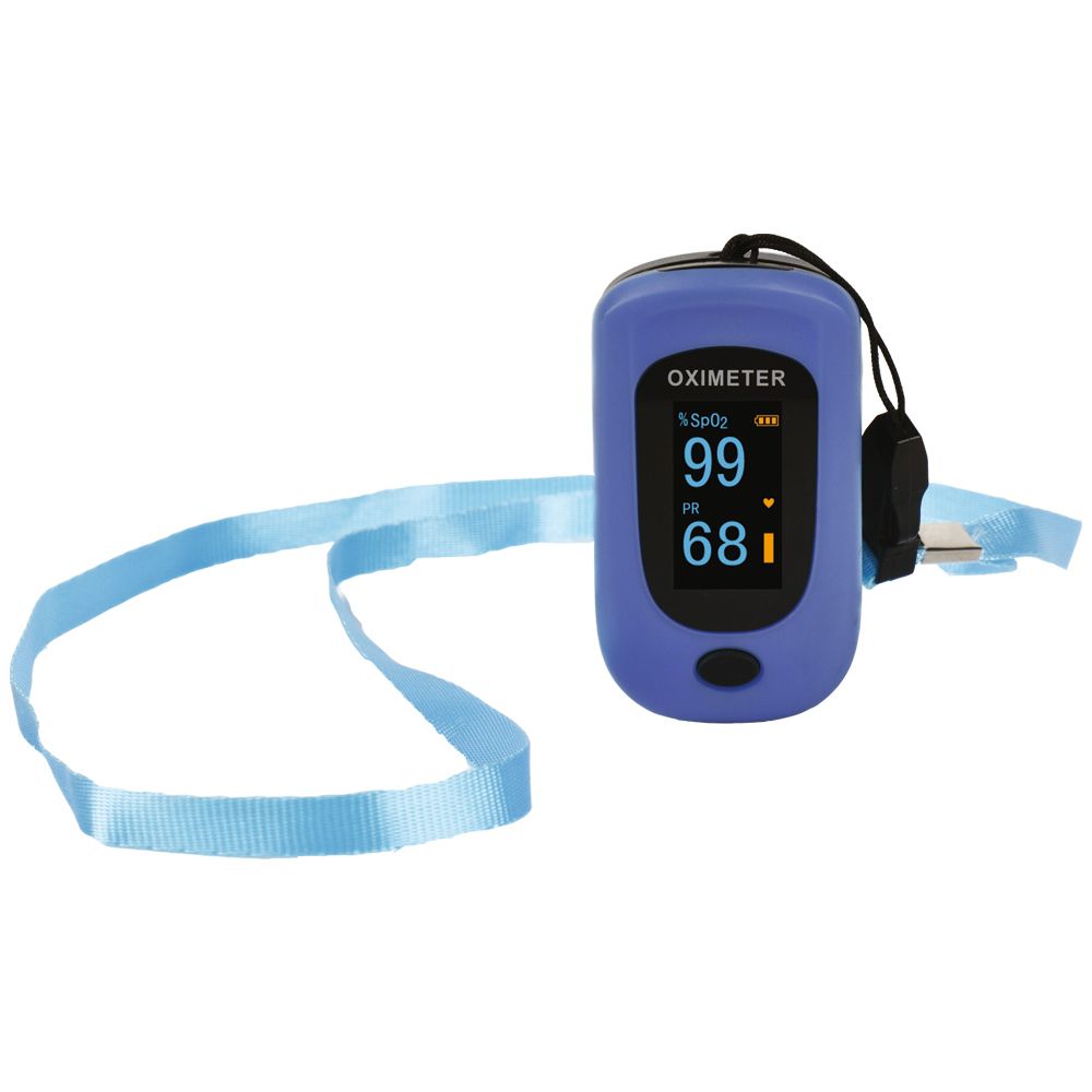 Pulsossimetro blu con display e laccio. Mostra i valori di saturazione di ossigeno e frequenza cardiaca.