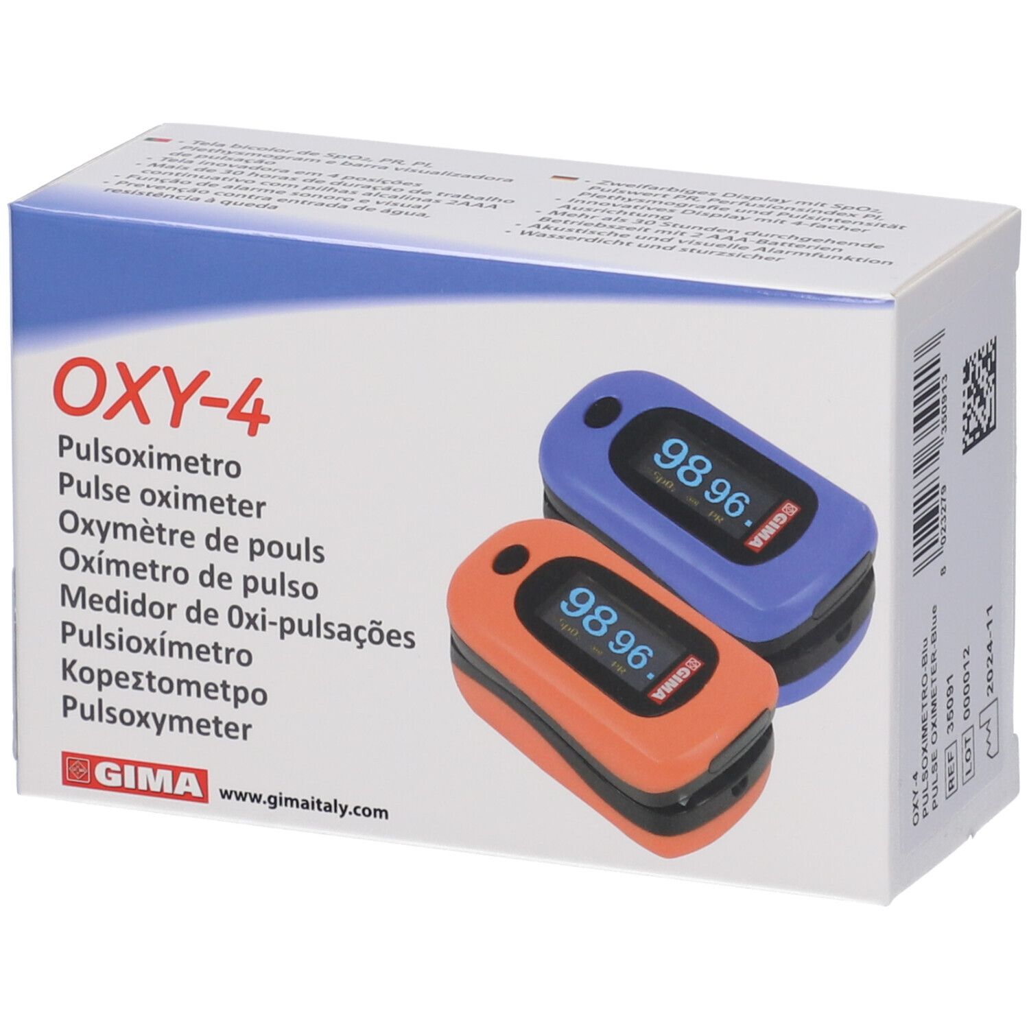 Confezione con due pulsossimetri. OXY-4 in alto. Dispositivi blu e arancioni con display.