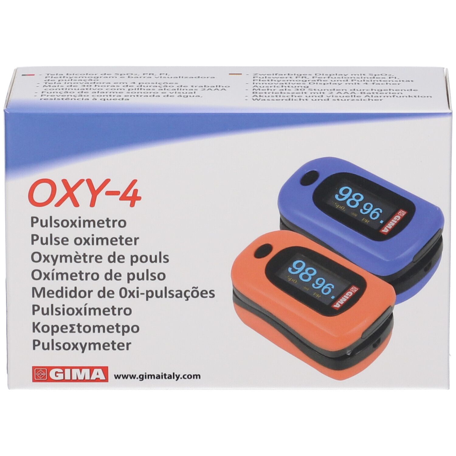 Confezione con due pulsossimetri. OXY-4 in alto. Dispositivi blu e arancioni con display.