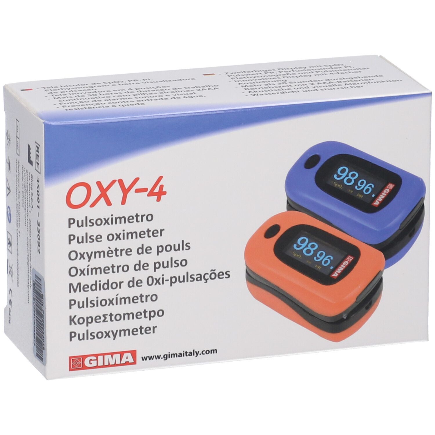 Confezione con due pulsossimetri. OXY-4 in alto. Dispositivi blu e arancioni con display.