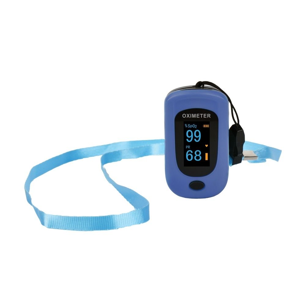 Pulsossimetro blu con cordino blu. Mostra la saturazione di ossigeno e la frequenza cardiaca. Display nero.