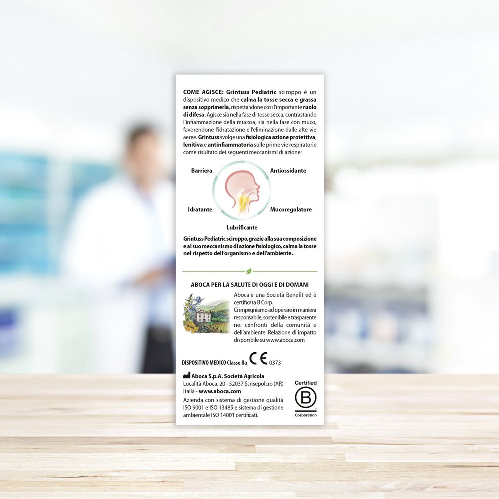 Retro della confezione. Testo con informazioni e ingredienti. Certificazioni e loghi.