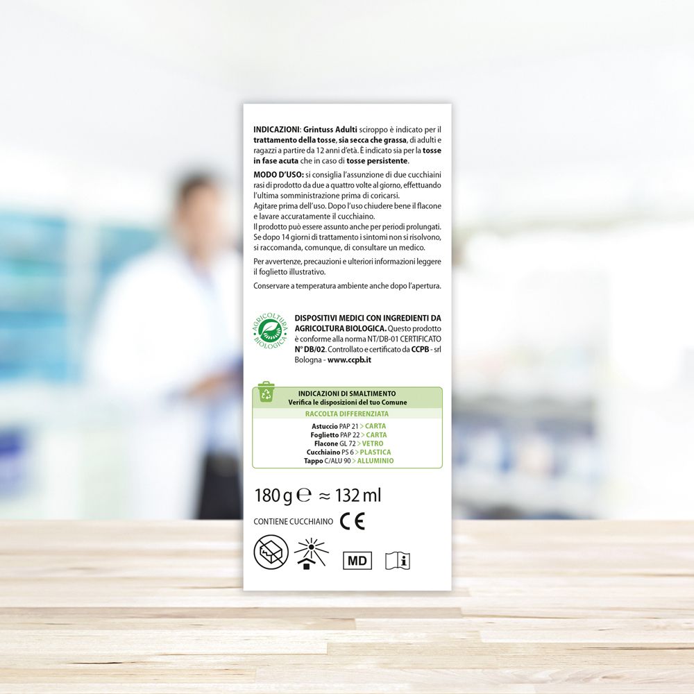 Retro della confezione. Informazioni testuali, ingredienti, certificazioni, logo Aboca.