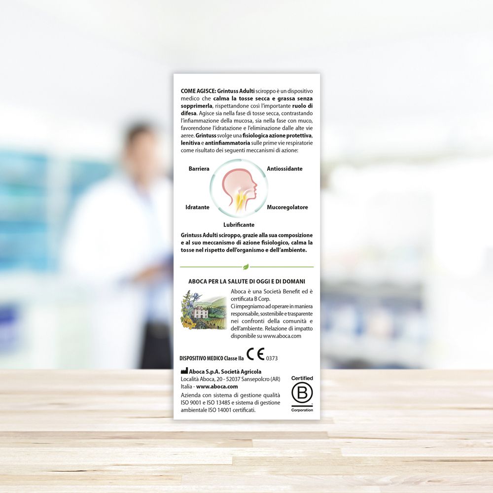 Retro della confezione. Informazioni testuali, ingredienti, certificazioni, logo Aboca.