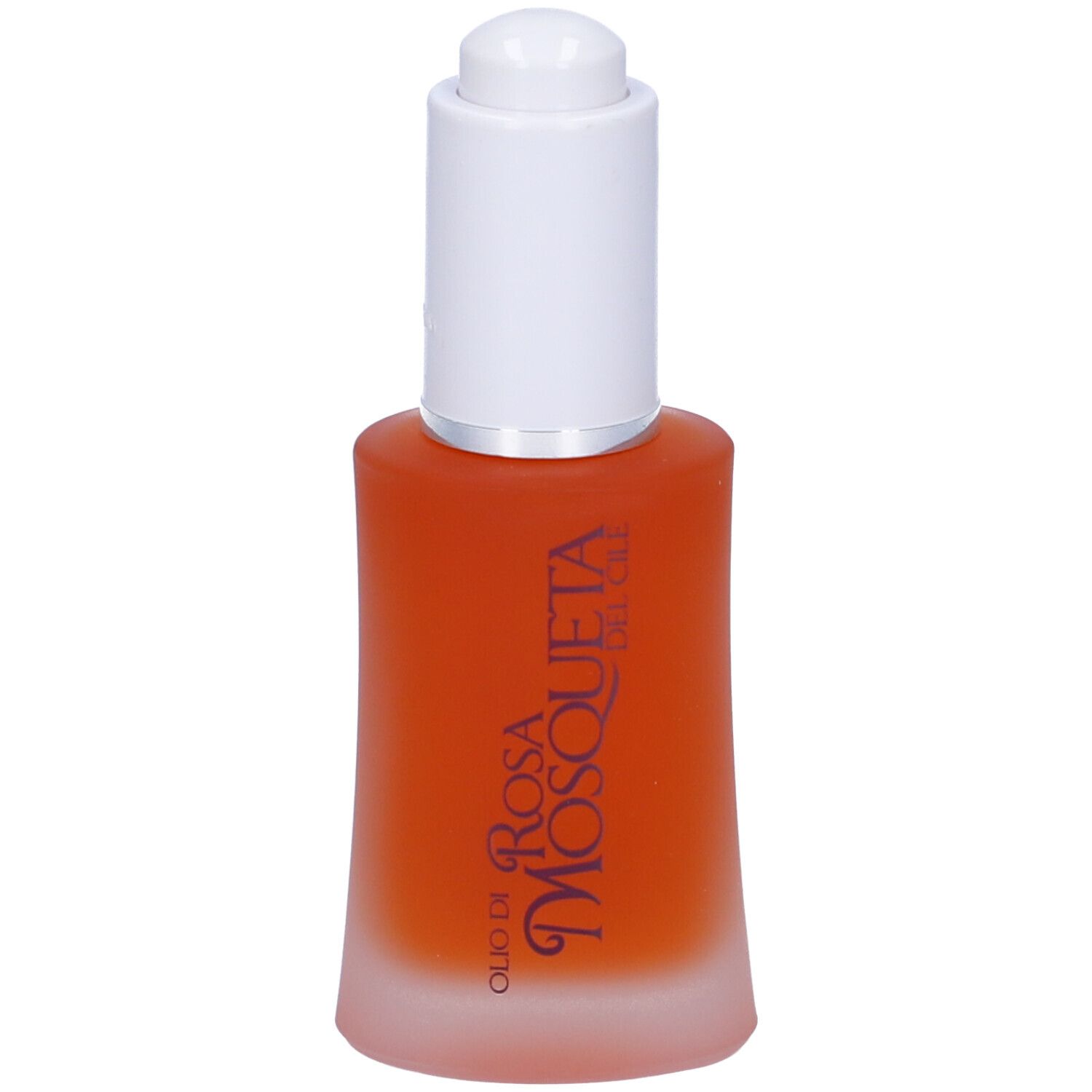 Flacone in vetro con olio rosso e tappo bianco. Scritta: Olio di Rosa Mosqueta.