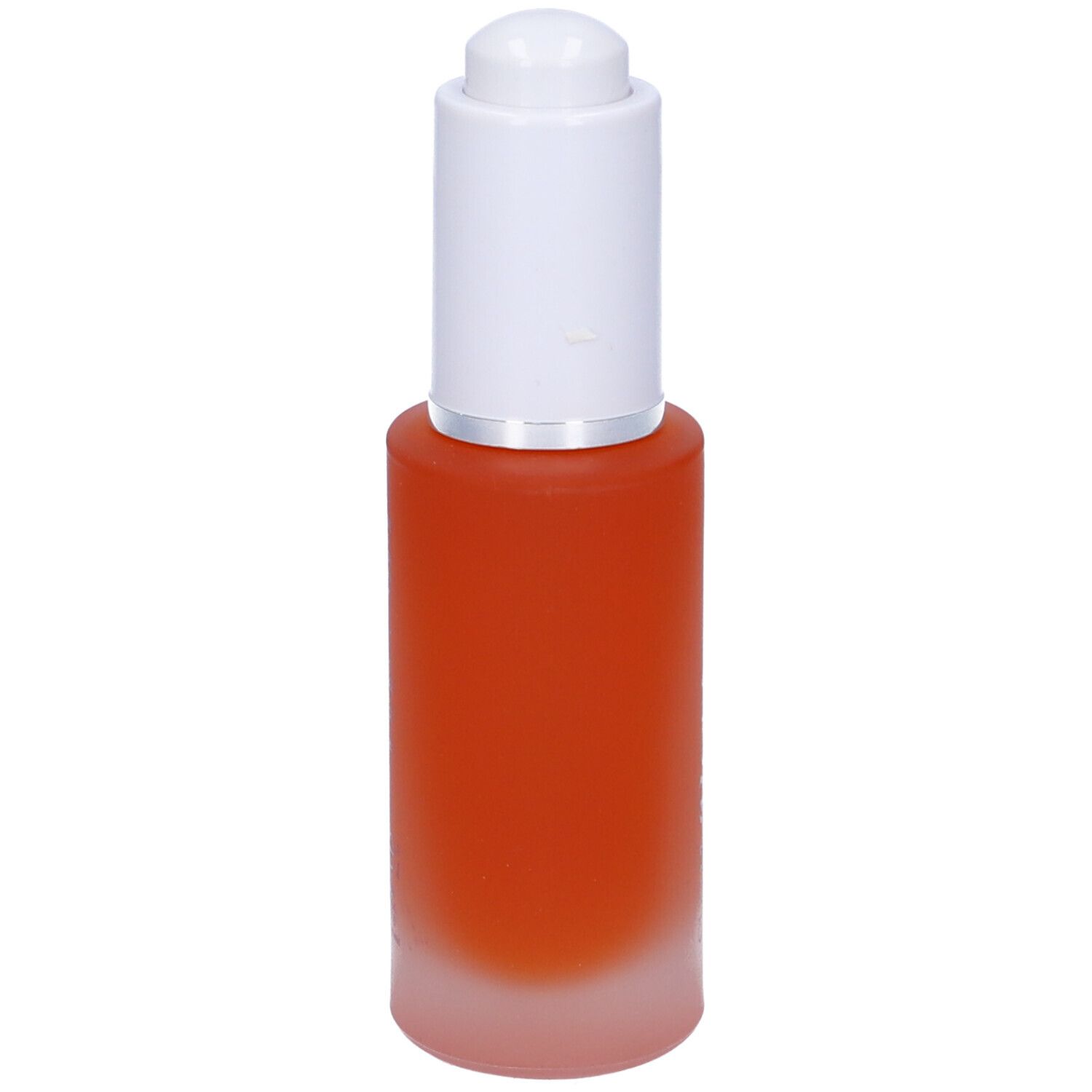 Flacone in vetro con olio rosso e tappo bianco. Scritta: Olio di Rosa Mosqueta.