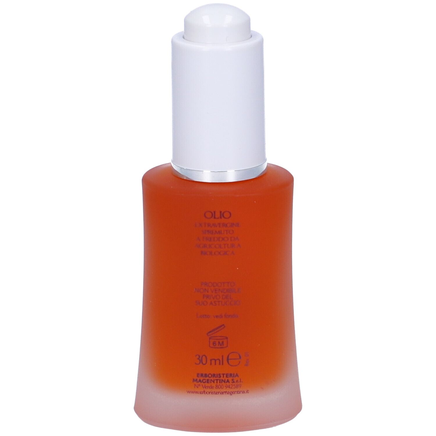Flacone in vetro con olio rosso e tappo bianco. Scritta: Olio di Rosa Mosqueta.