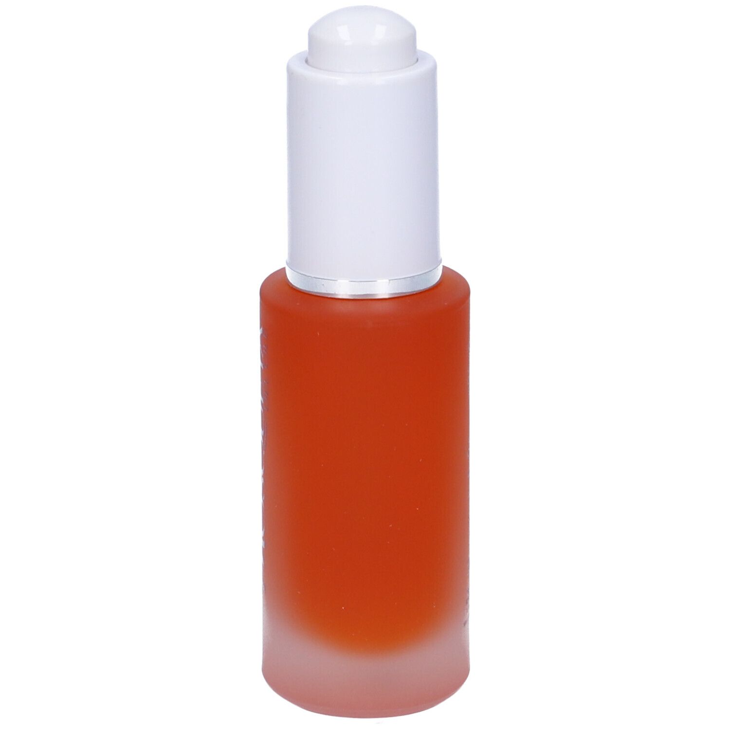 Flacone in vetro con olio rosso e tappo bianco. Scritta: Olio di Rosa Mosqueta.