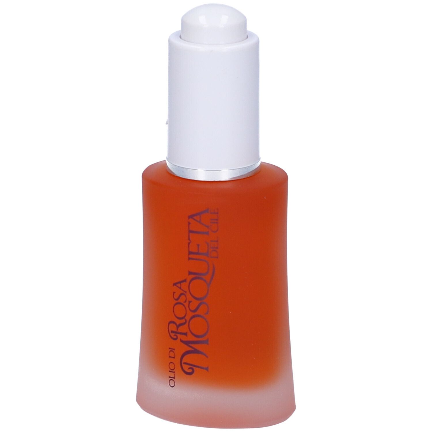 Flacone in vetro con olio rosso e tappo bianco. Scritta: Olio di Rosa Mosqueta.