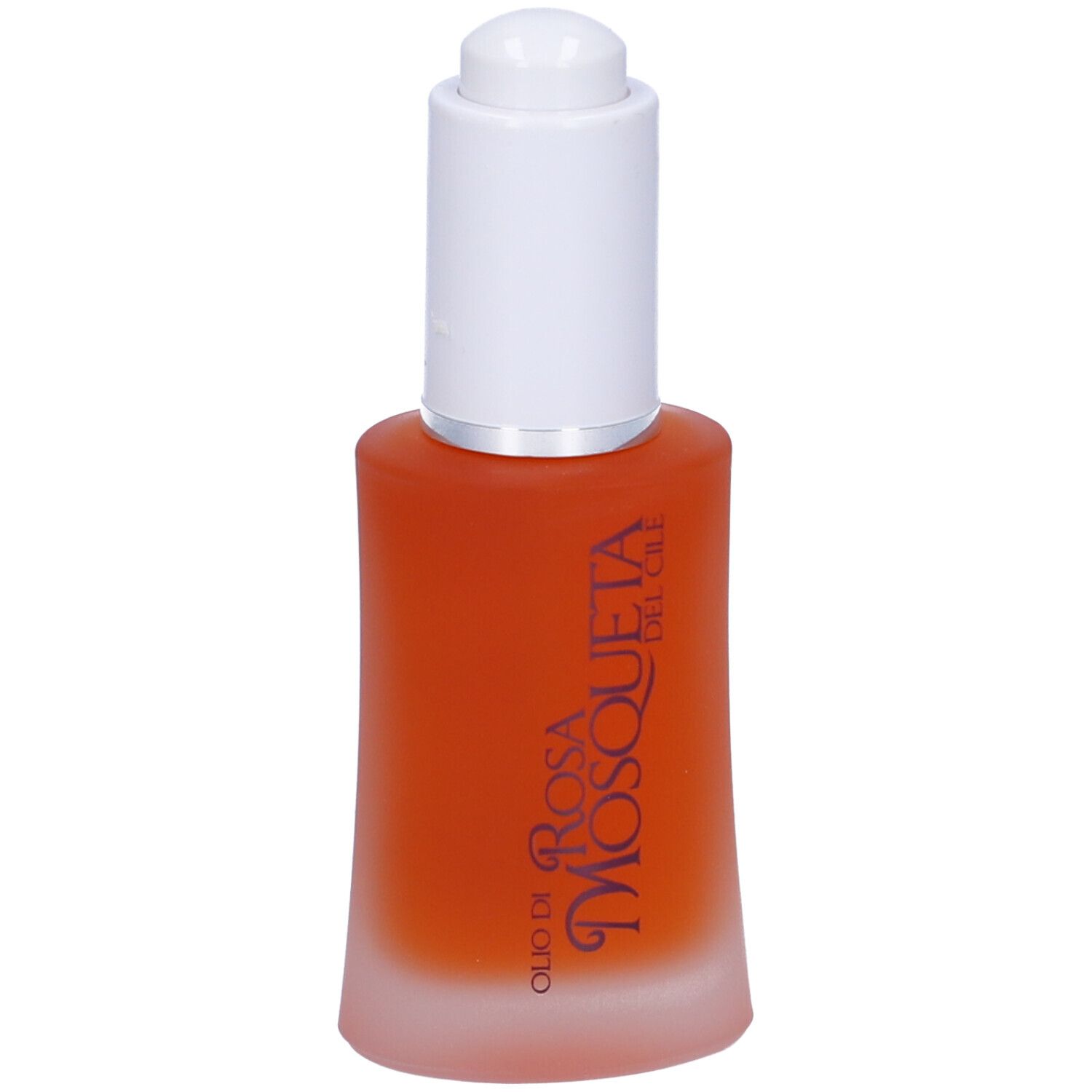 Flacone in vetro con olio rosso e tappo bianco. Scritta: Olio di Rosa Mosqueta.