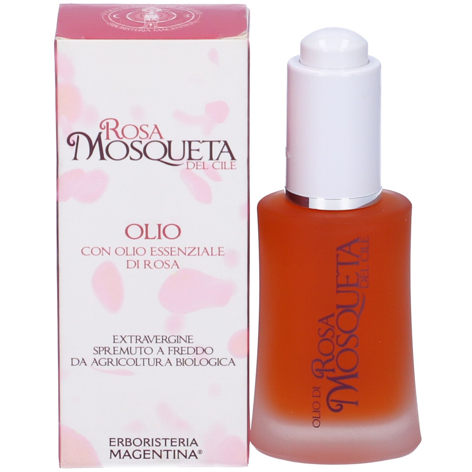Flacone in vetro con olio e scatola. Scritta: Rosa Mosqueta Olio con olio essenziale di rosa.