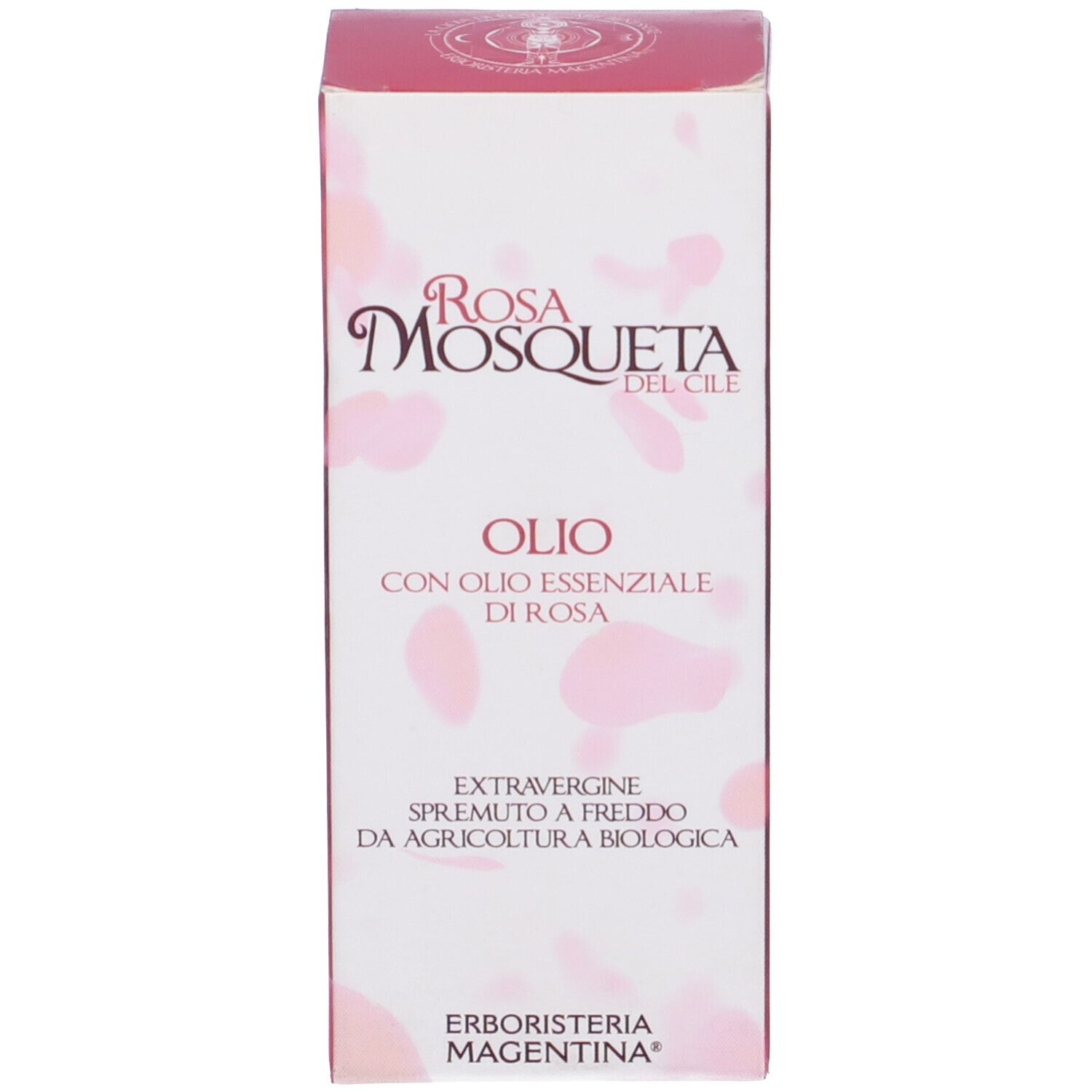Scatola di cartone con scritta: Rosa Mosqueta Olio con olio essenziale di rosa.