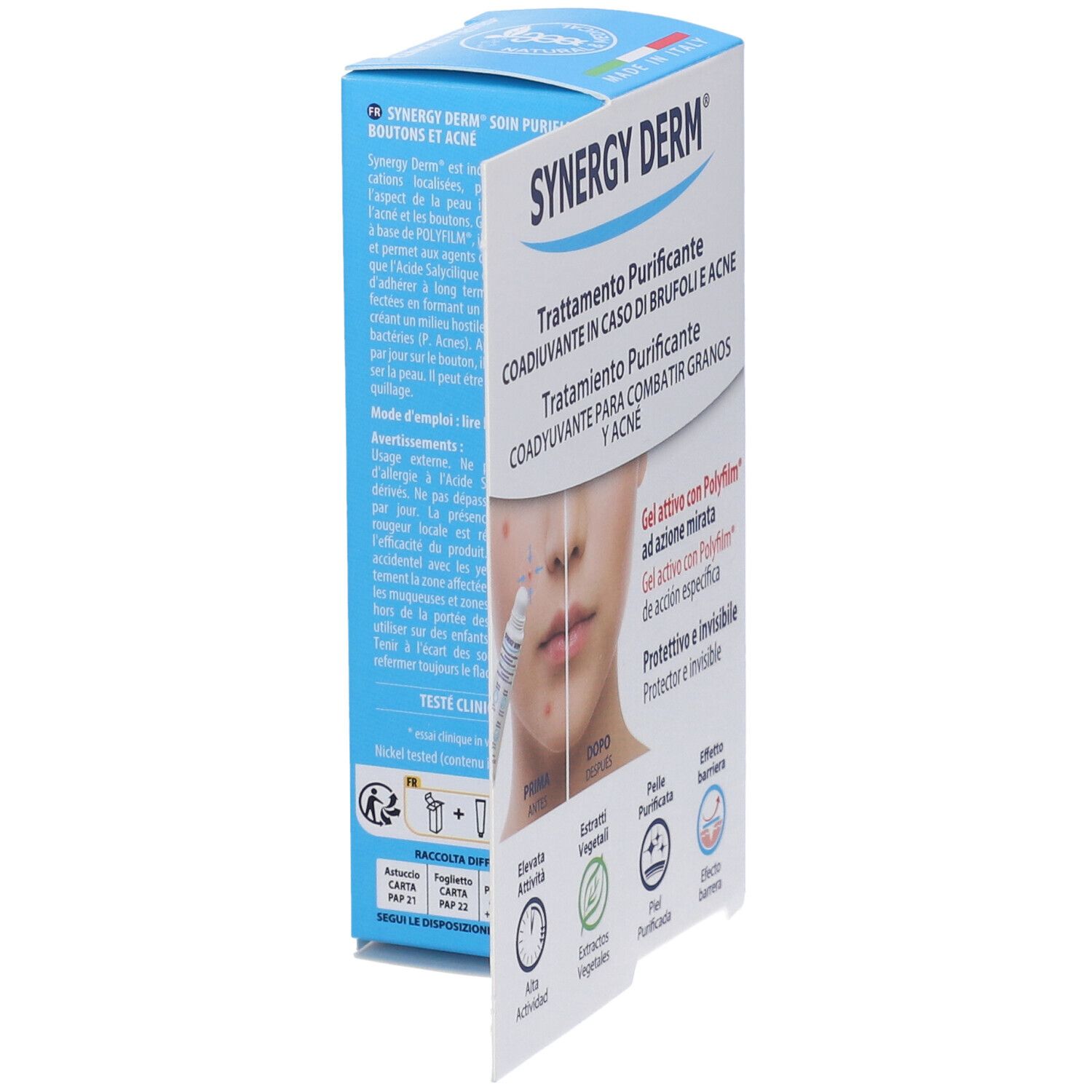 Confezione blu e bianca. Scritta SYNERGY DERM. Testo in italiano e spagnolo. Lato pieghevole con testo.