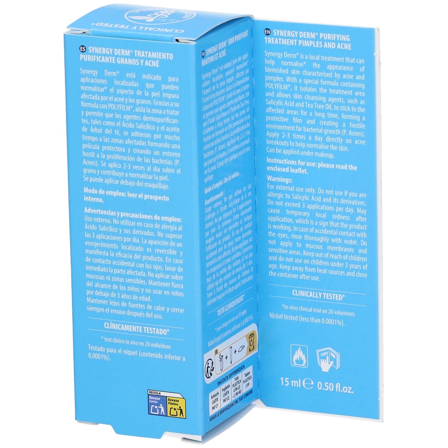 Confezione blu e bianca. Scritta SYNERGY DERM. Testo in inglese. Informazioni dettagliate sul prodotto all'interno.