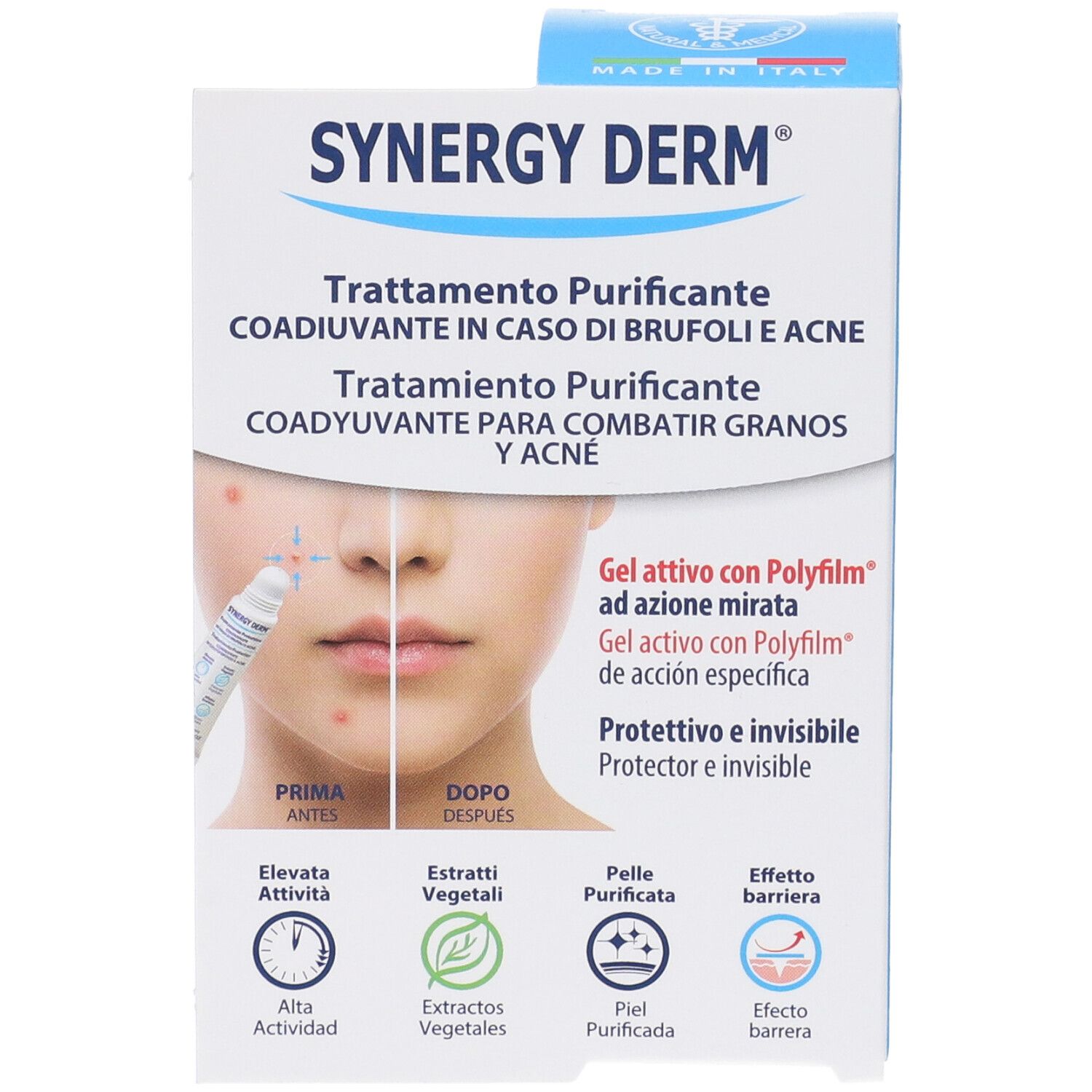 Confezione prodotto, blu e bianca. Scritta SYNERGY DERM. Testo in italiano e spagnolo. Illustrazione di un volto.
