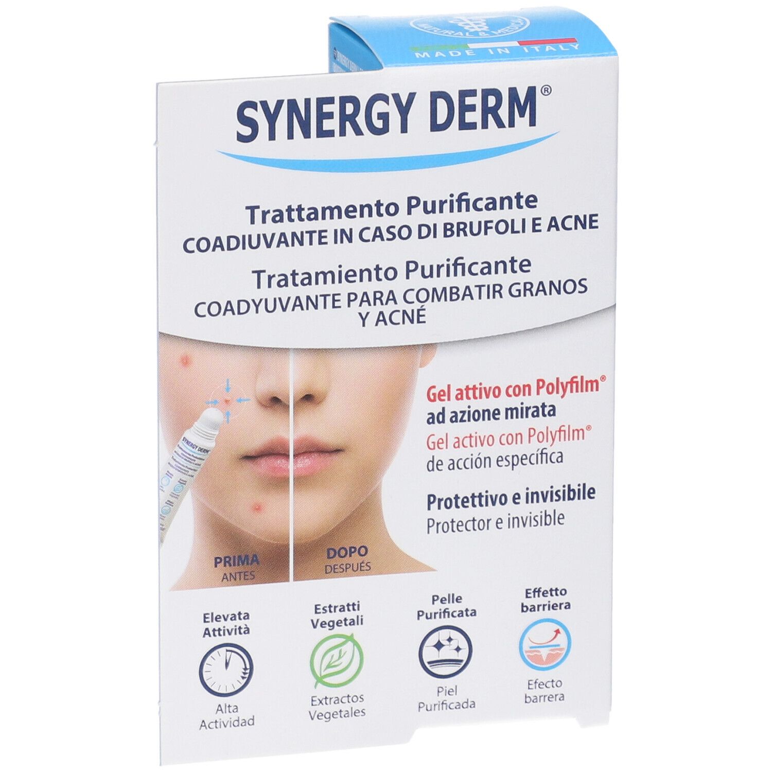 Confezione prodotto, blu e bianca. Scritta SYNERGY DERM. Testo in italiano e spagnolo. Illustrazione di un volto.