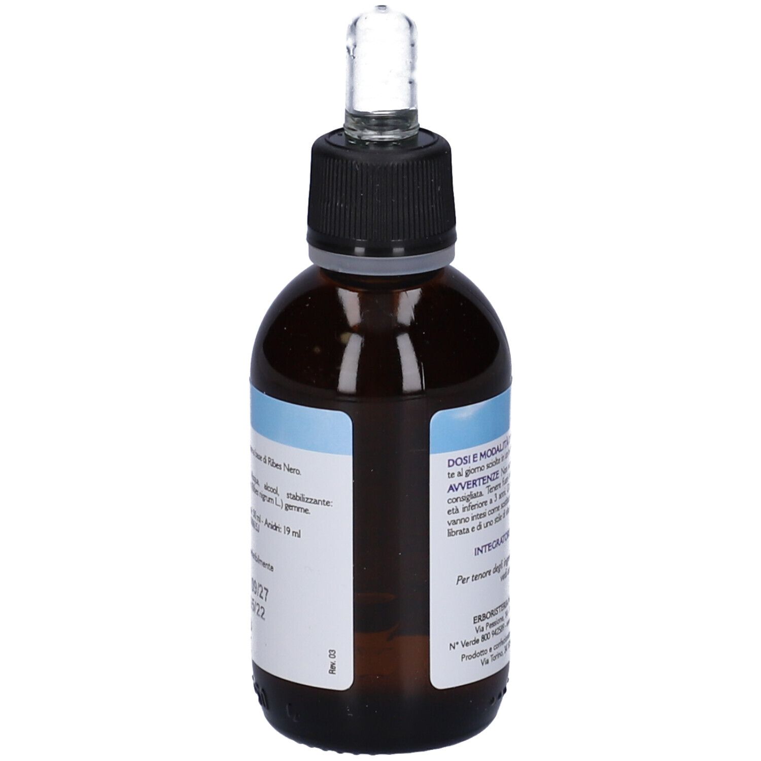 Flacone di vetro marrone con tappo nero e pipetta. Etichetta blu con testo. Nome del prodotto non visibile.