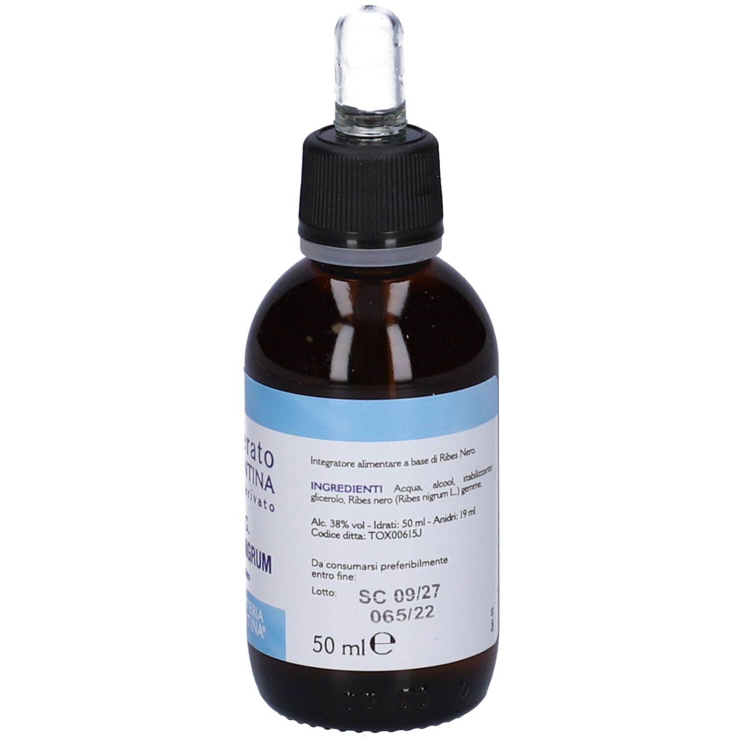 Flacone di vetro marrone con tappo nero e pipetta. Etichetta blu con testo. Nome del prodotto e volume visibili.