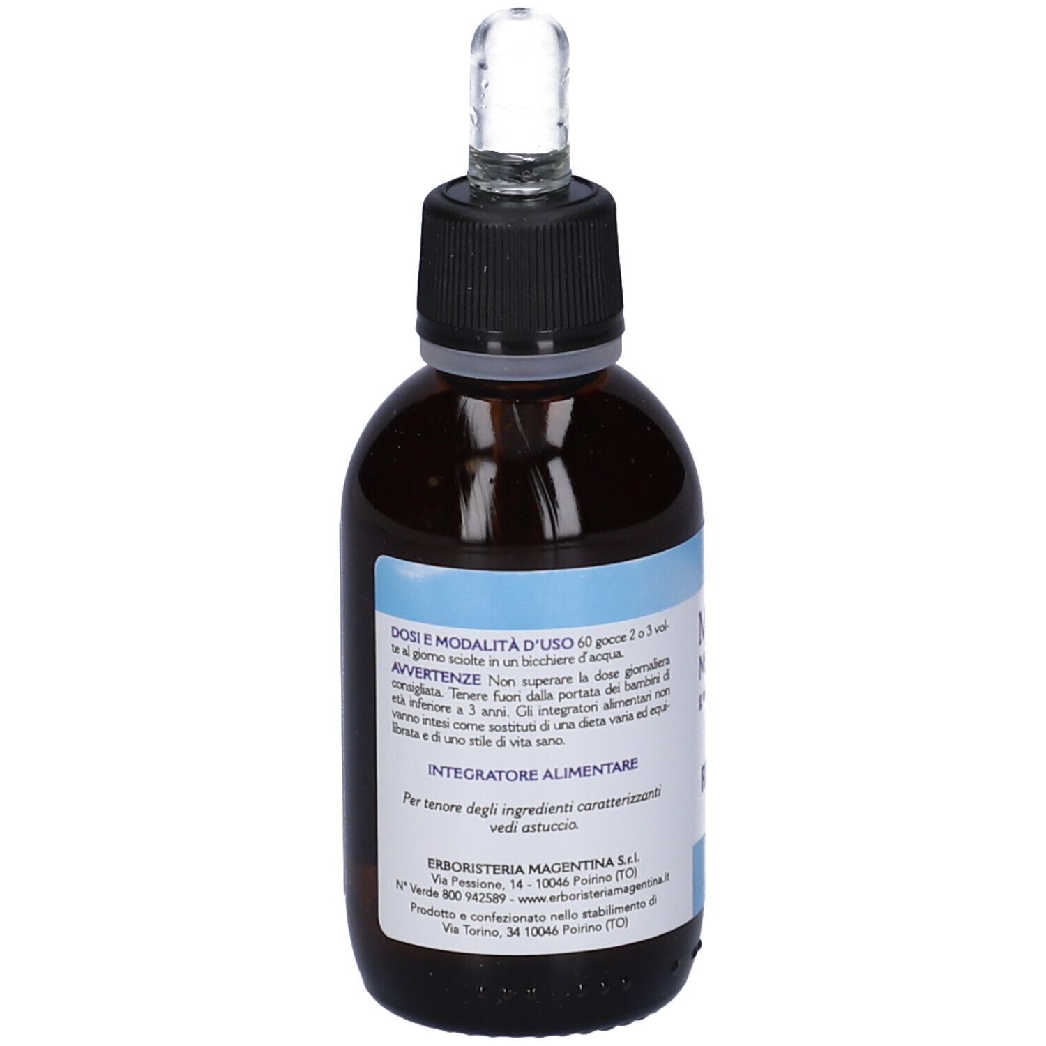 Flacone di vetro marrone con tappo nero e pipetta. Etichetta blu con testo. Nome del prodotto non visibile.