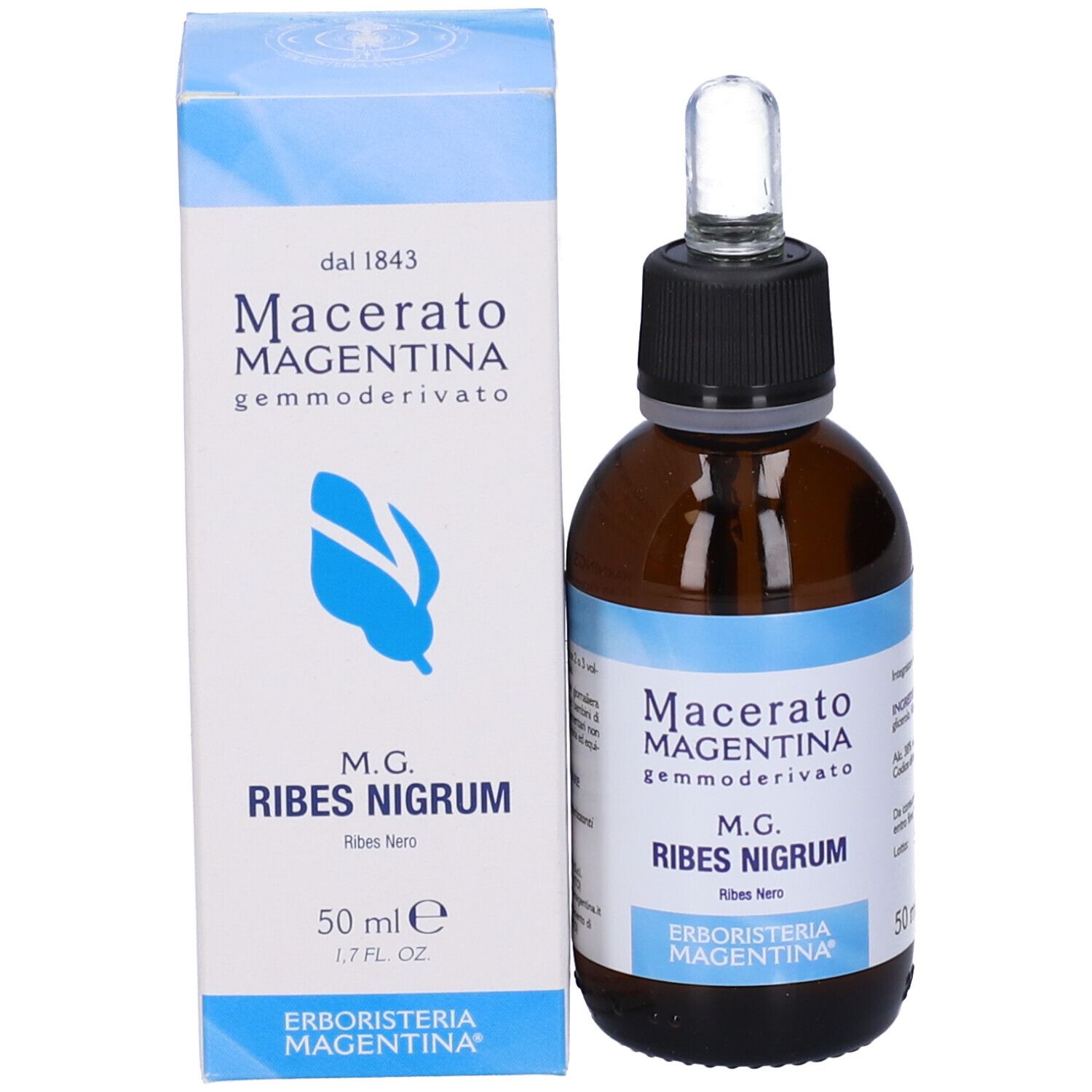 Flacone e confezione del prodotto. Flacone con pipetta, confezione con nome del prodotto e marchio. 50 ml.