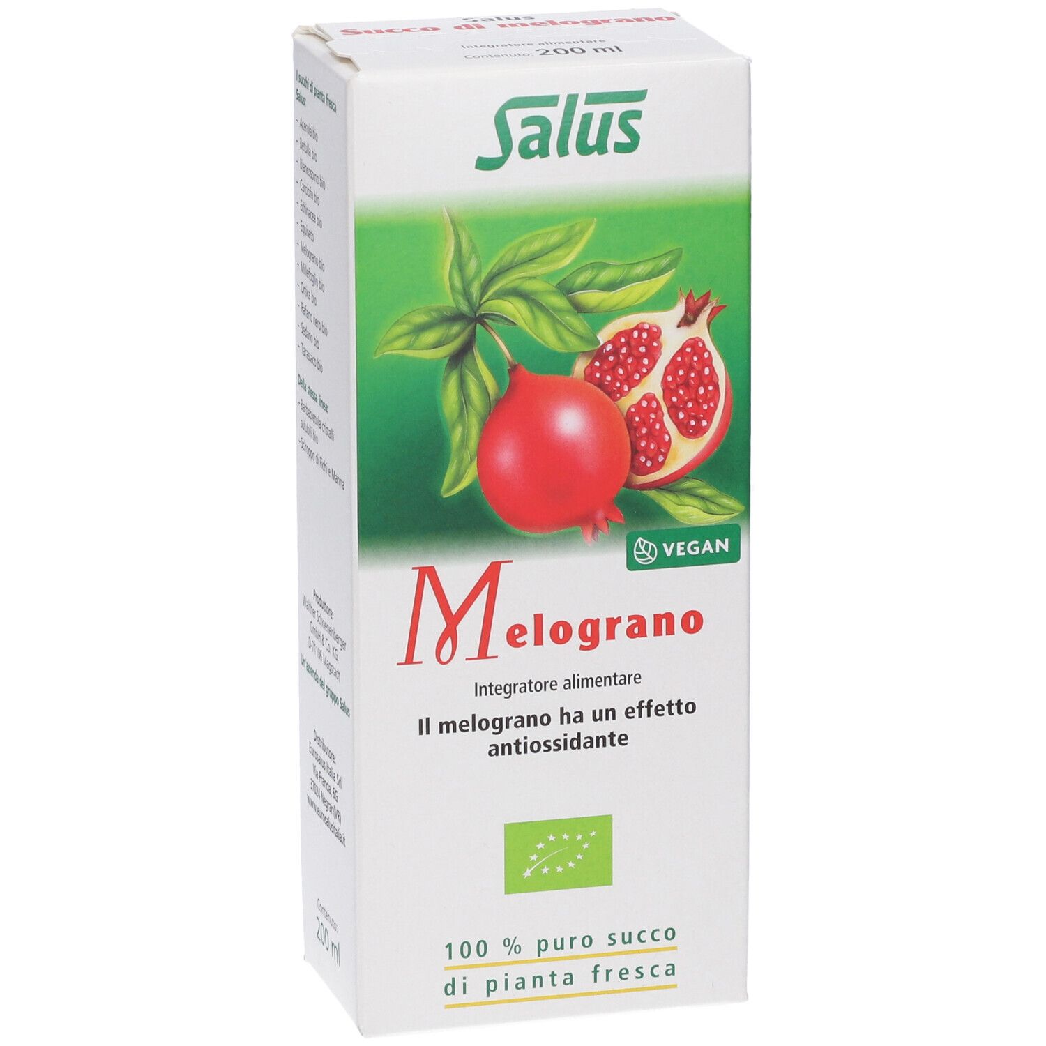 Confezione bianca Salus con immagine Melograno. Logo Vegan. 100% succo puro.