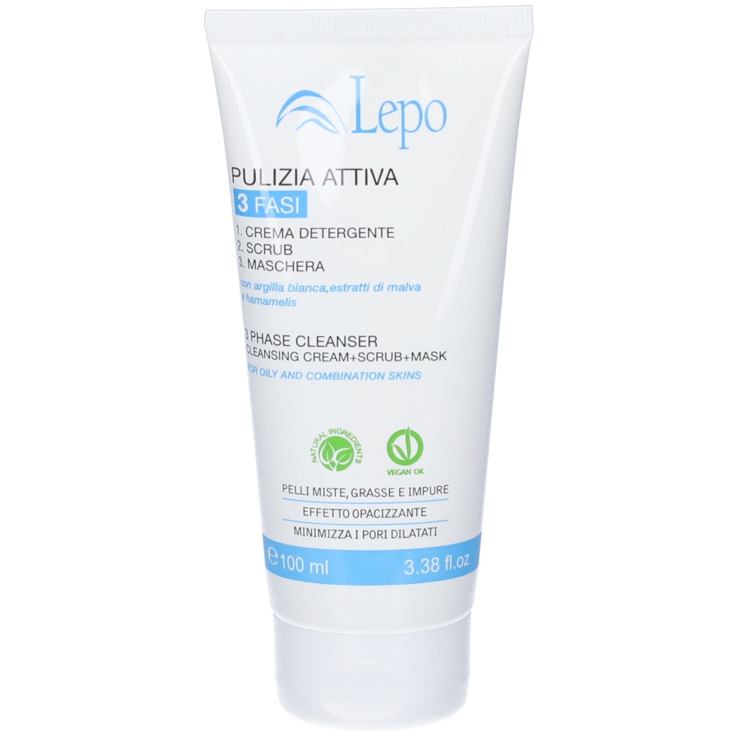 Tubo bianco. Scritto: LEPO Pulizia attiva 3 fasi. 100 ml. Vegan. Per pelli miste.