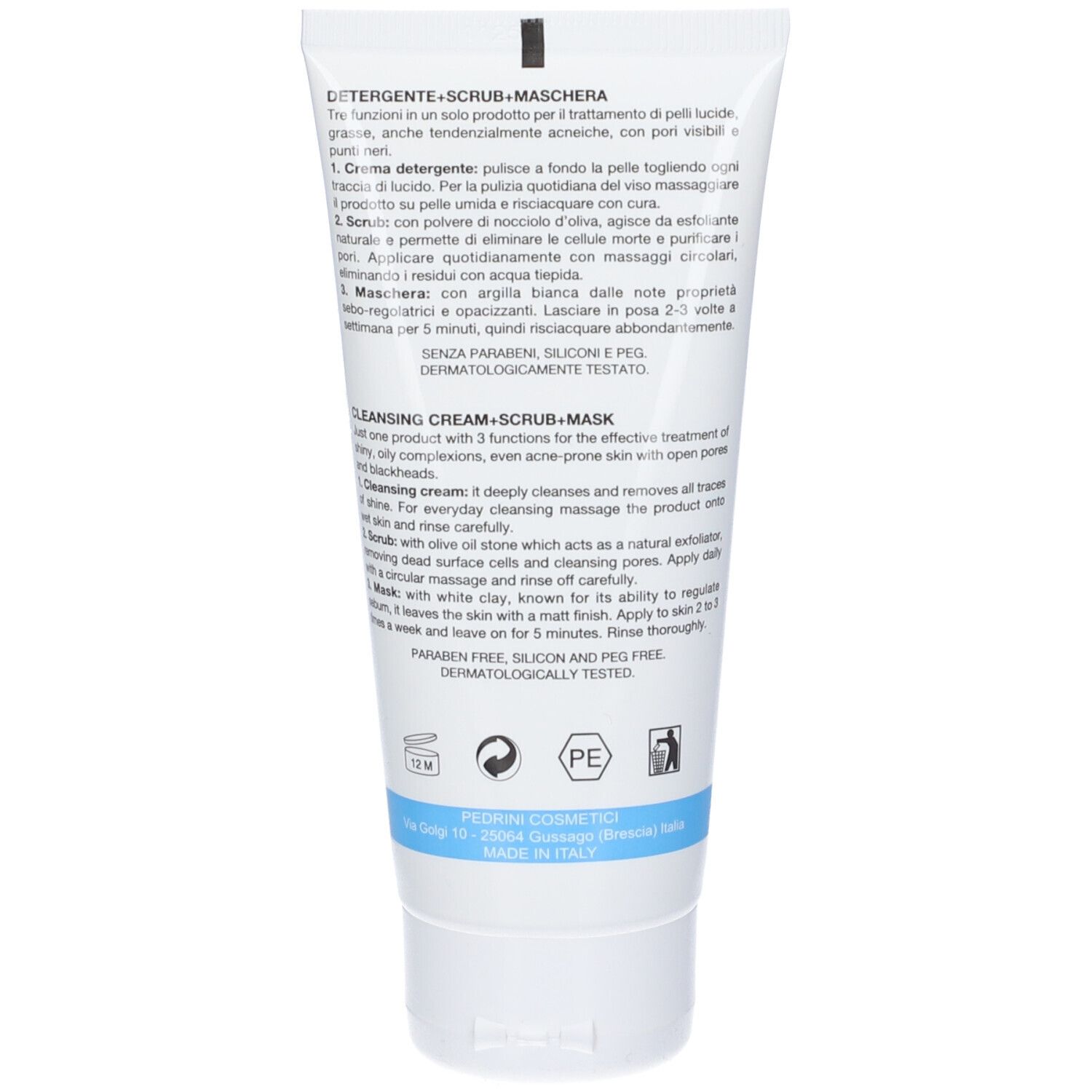 Retro del tubo. Testo in italiano e inglese. Senza parabeni, silicone e PEG.