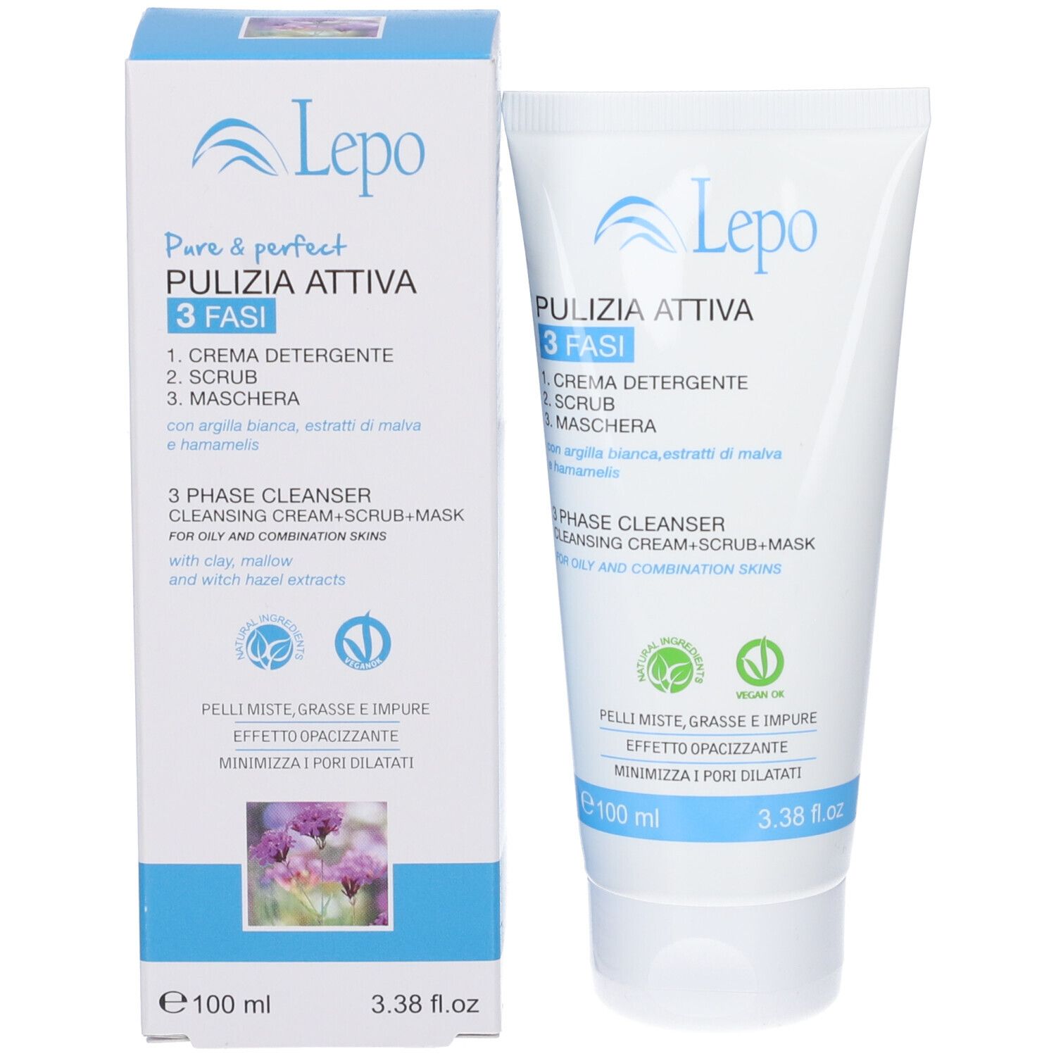 Confezione e tubo. Scritto: LEPO Pure&Perfect Pulizia attiva 3 fasi. 100 ml. Vegan.