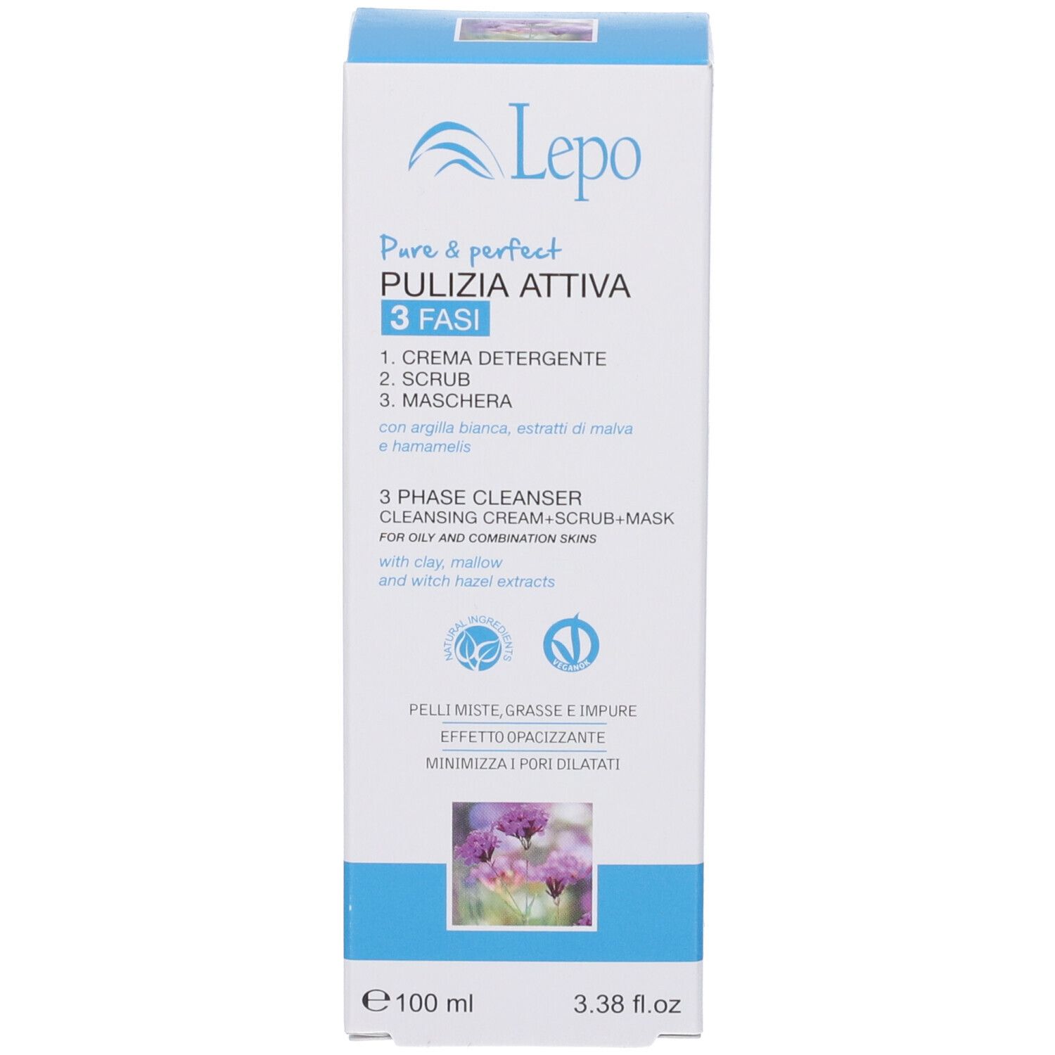 Confezione. Scritto: LEPO Pure&Perfect Pulizia attiva 3 fasi. 100 ml. Vegan.