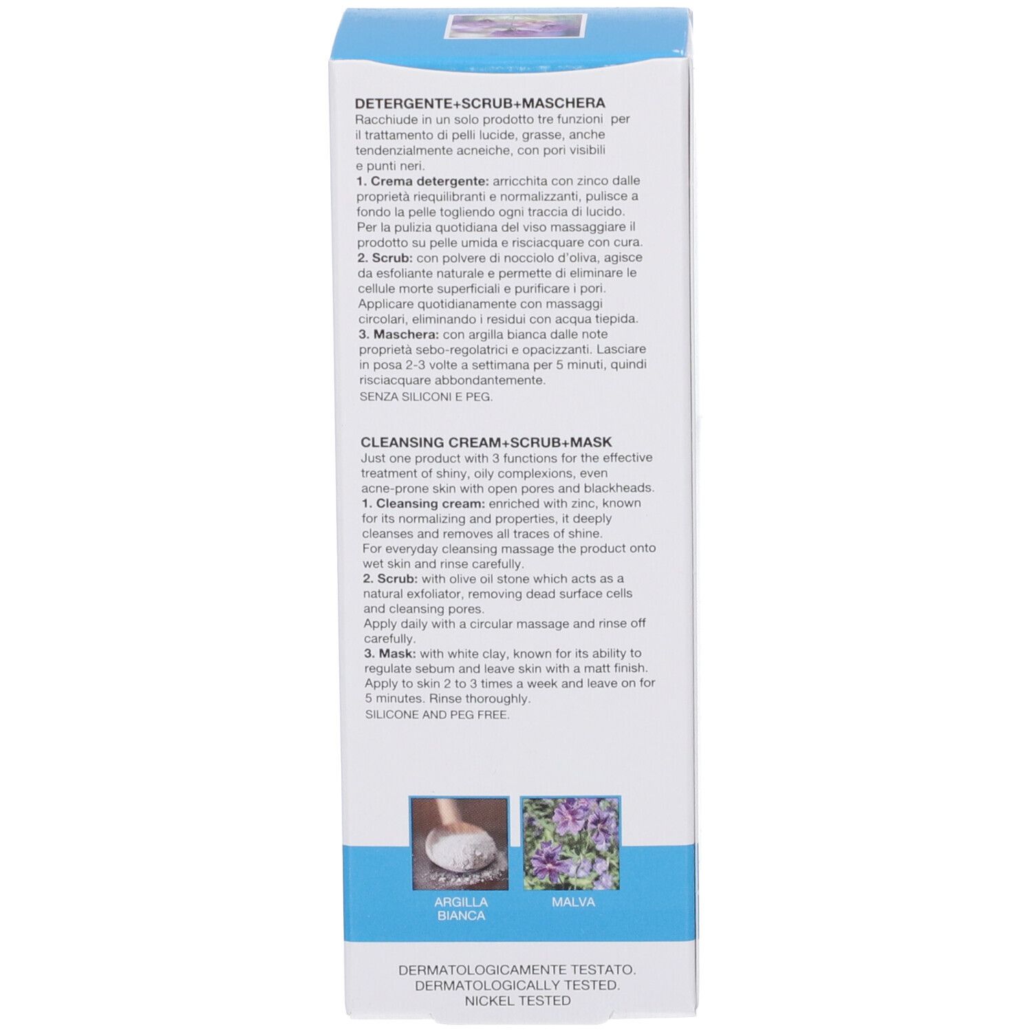 Retro della confezione. Testo in italiano e inglese. Testato al nichel.