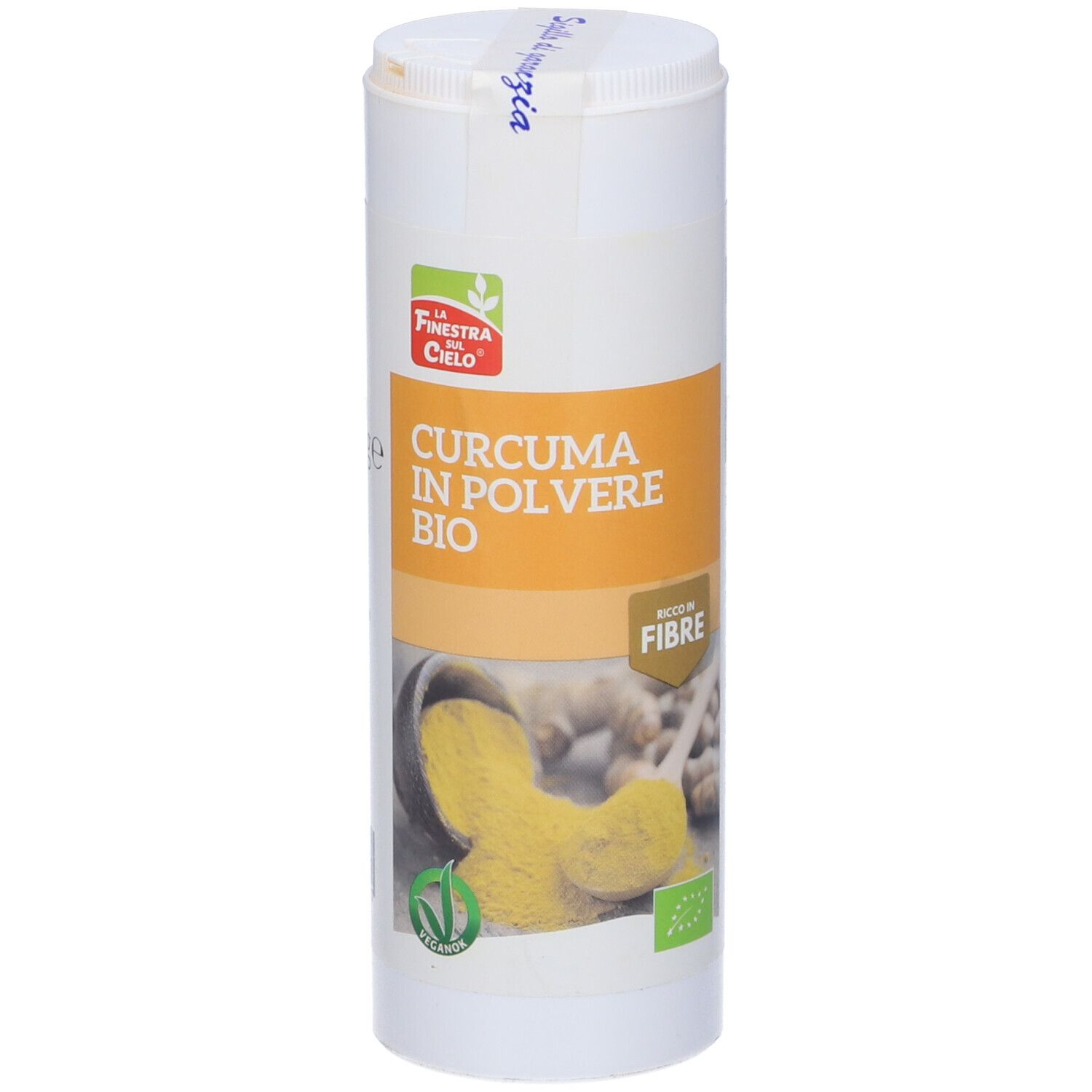 Barattolo cilindrico di Curcuma Bio in polvere. Polvere gialla e zenzero. Logo verde e bianco. Coperchio con adesivo.