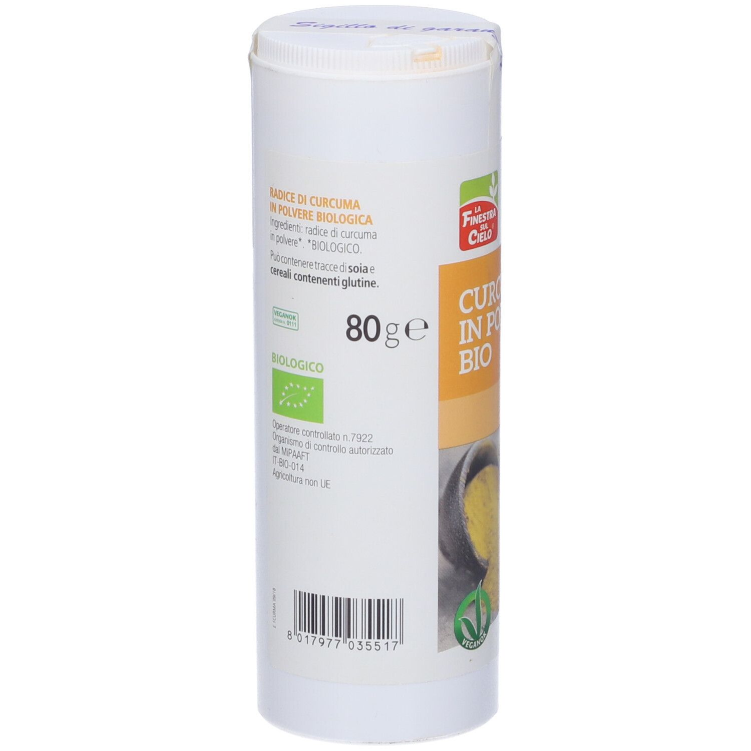 Barattolo cilindrico di Curcuma Bio in polvere. Retro con testo e logo. Certificazione bio. 80g. Codice a barre.