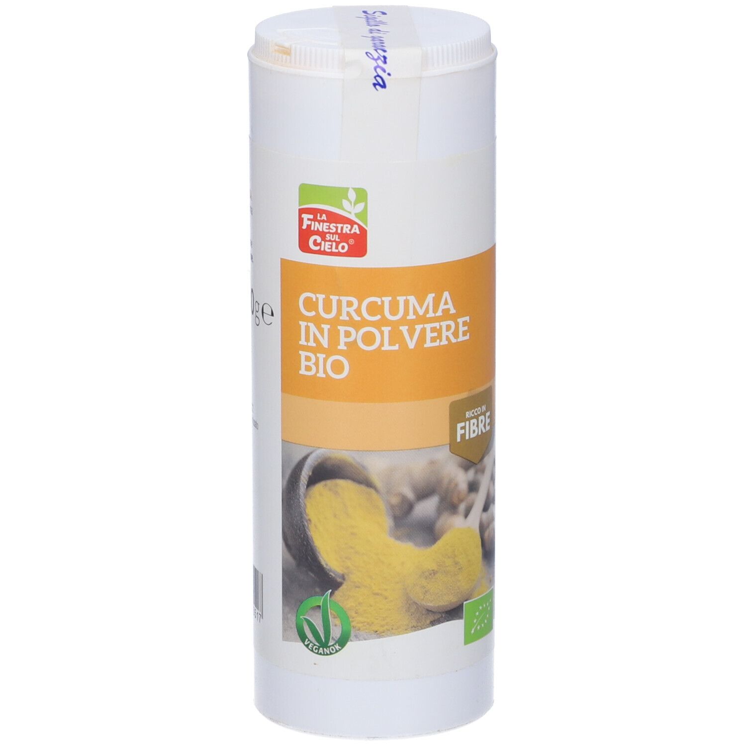 Barattolo cilindrico di Curcuma Bio in polvere. Polvere gialla e zenzero. Logo verde e bianco. Coperchio con adesivo.