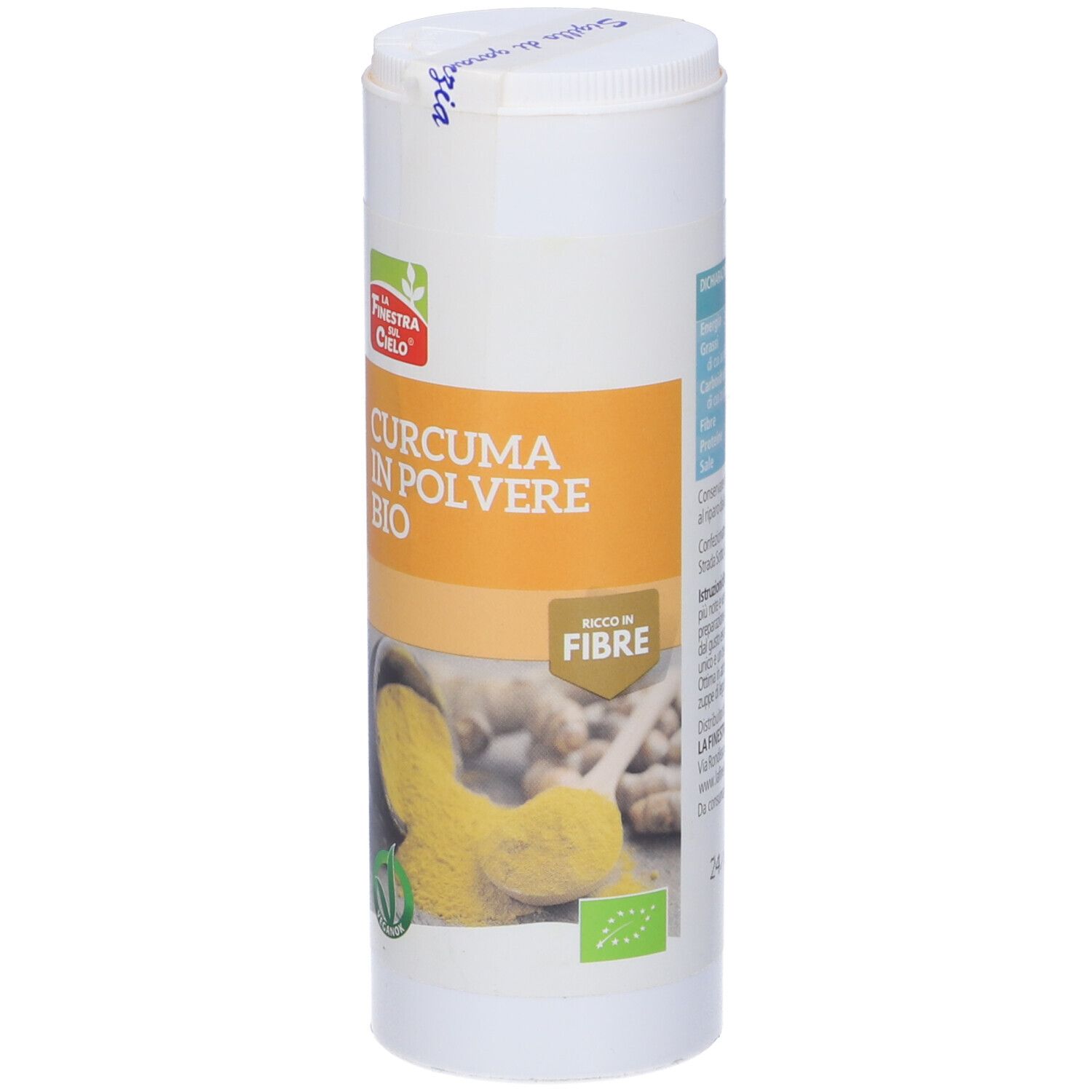 Barattolo cilindrico di Curcuma Bio in polvere. Polvere gialla e zenzero. Logo verde e bianco. Coperchio con adesivo.