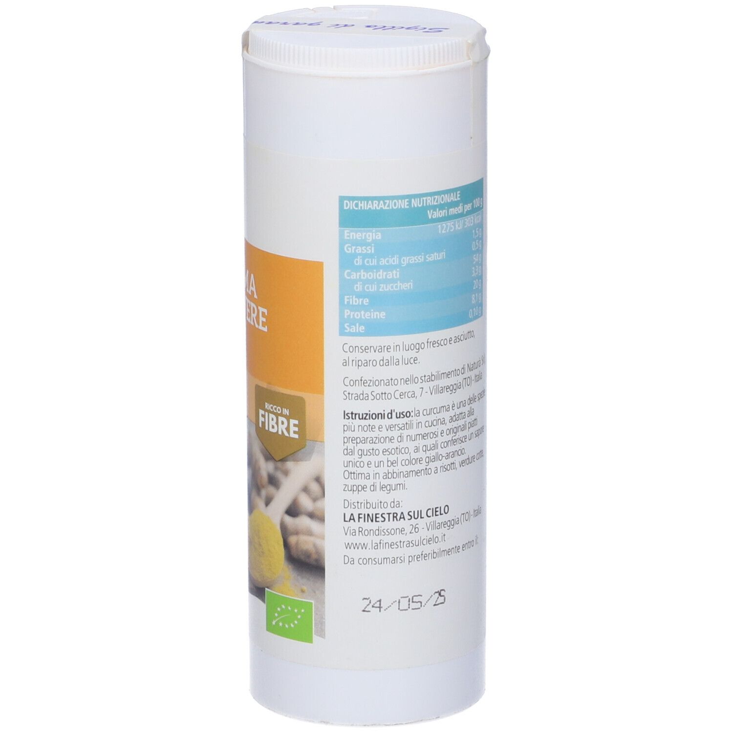 Barattolo cilindrico di Curcuma Bio in polvere. Retro con informazioni nutrizionali e testo. Certificazione bio. Scadenza.