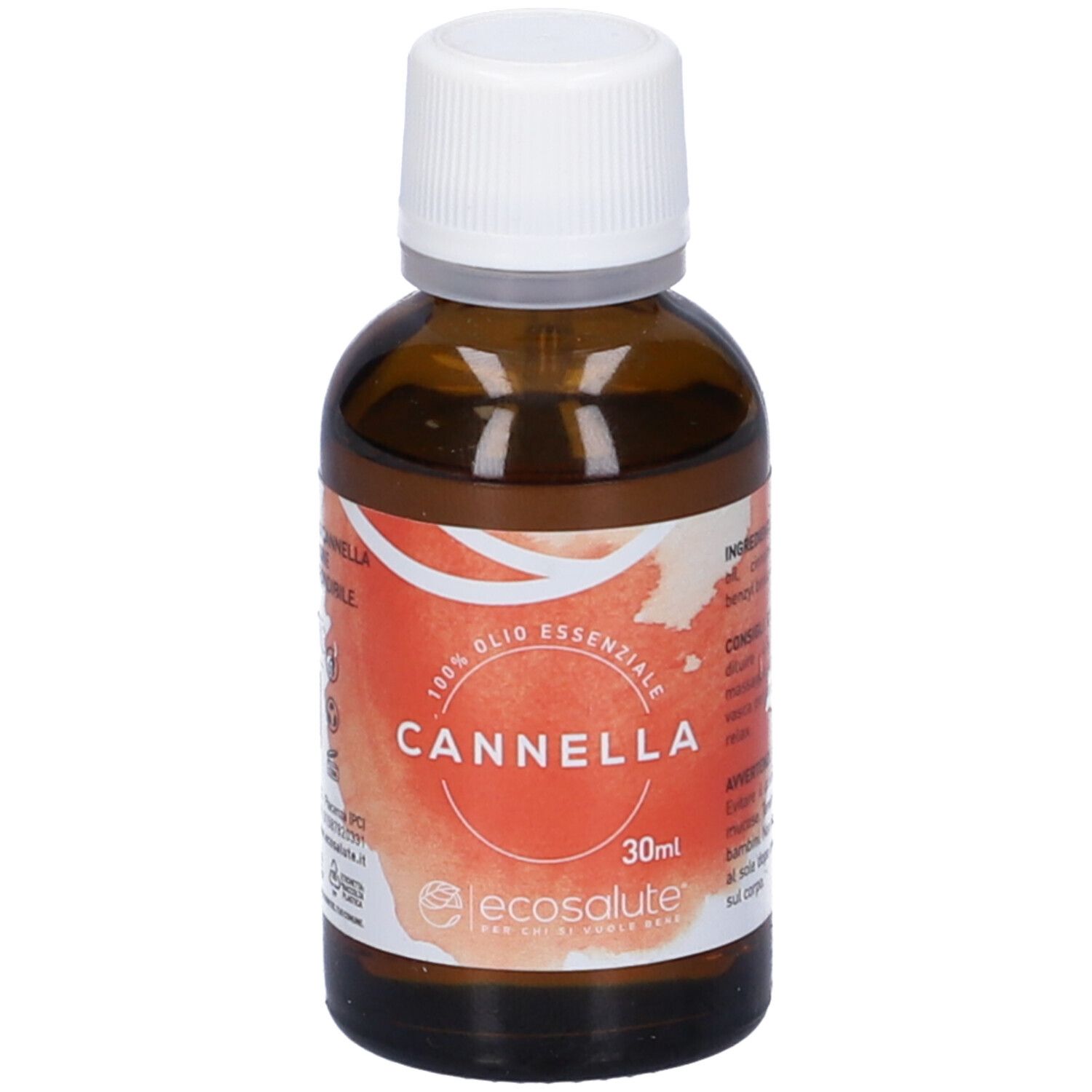 Flacone di vetro marrone con tappo bianco. L'etichetta indica "Cannella" e "Olio Essenziale". Scritta "30ml" e logo.
