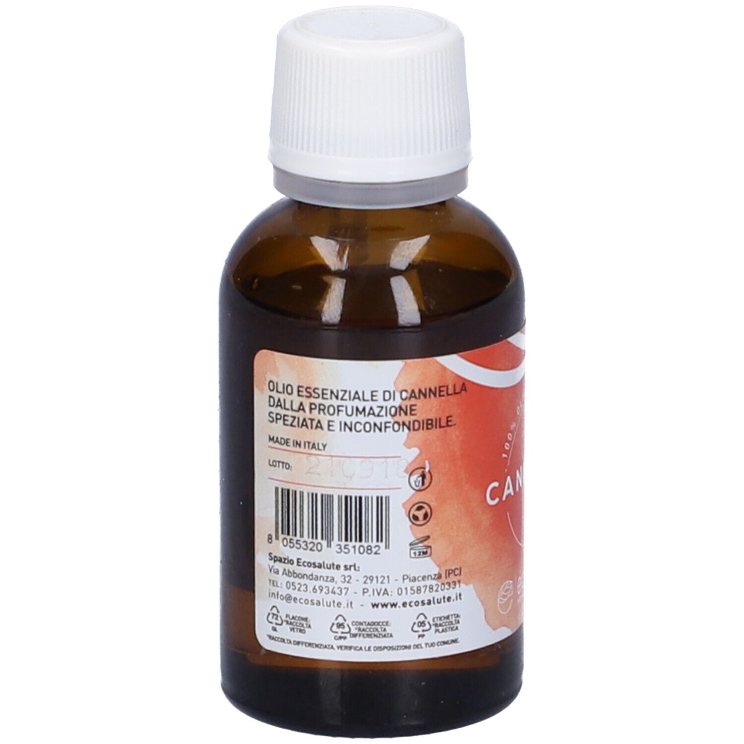 Flacone di vetro marrone con tappo bianco. L'etichetta indica "Cannella" e "Olio Essenziale". Scritta "30ml" e logo.