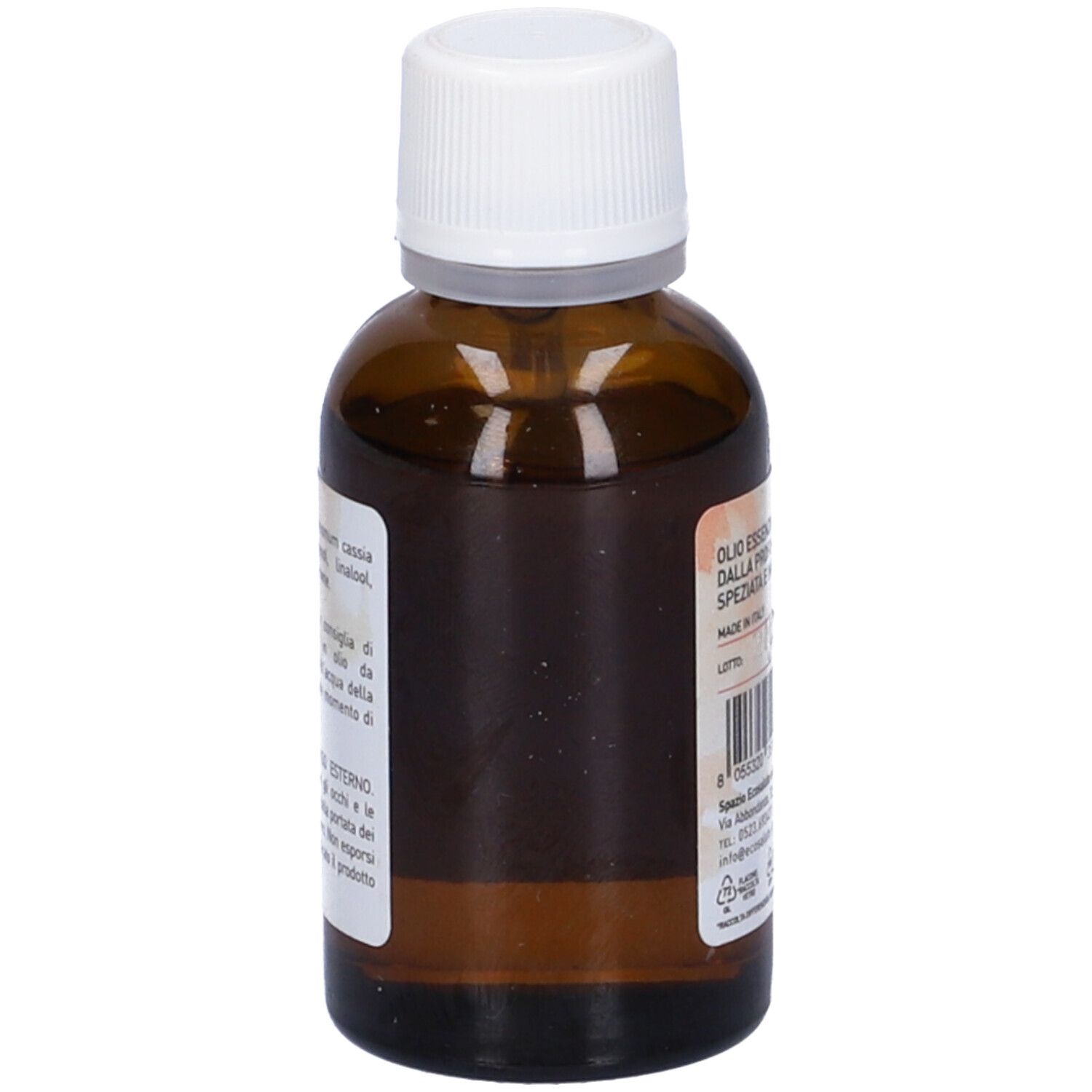 Flacone di vetro marrone con tappo bianco. Retro con testo ed etichetta. Scritta "Olio Essenziale di Cannella".