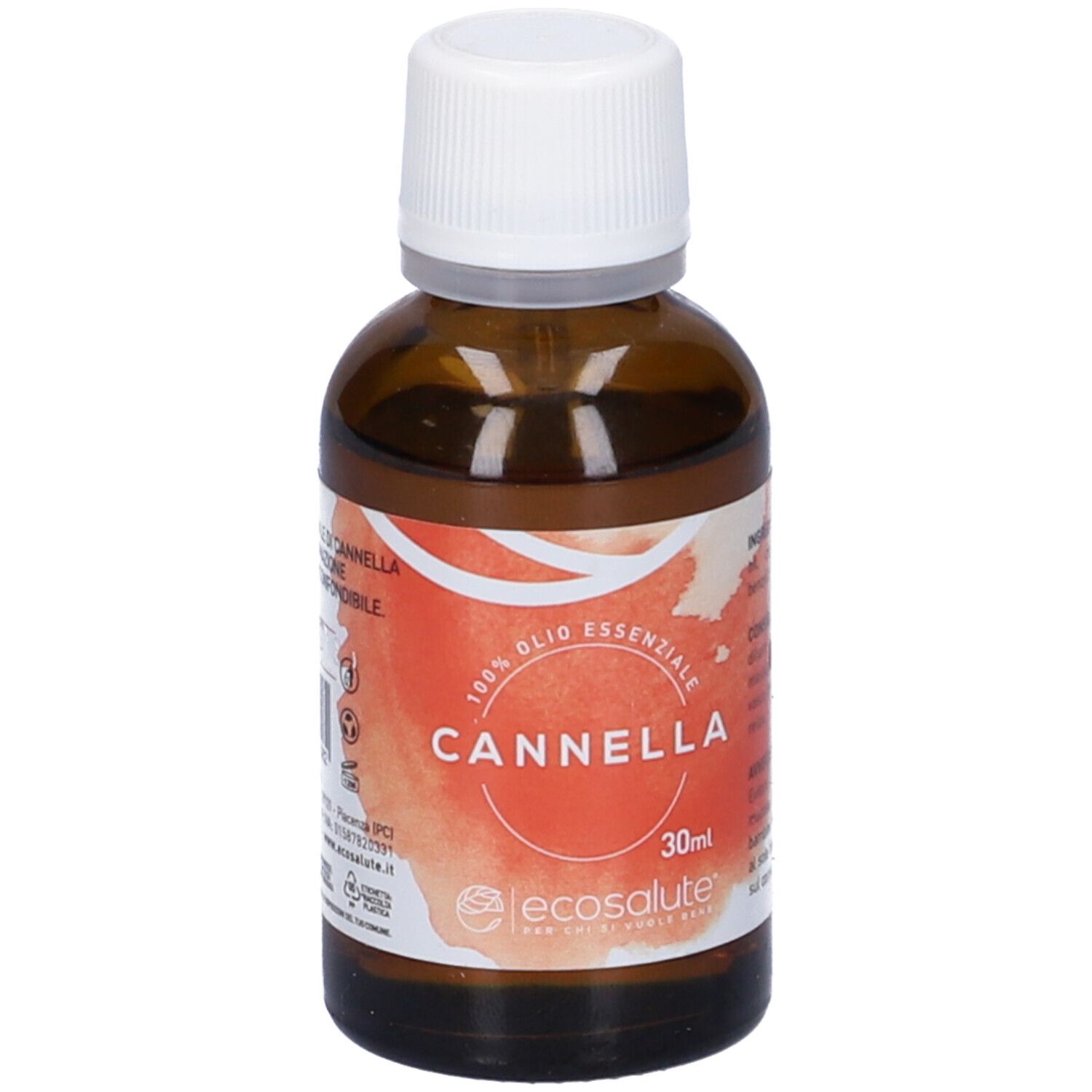 Flacone di vetro marrone con tappo bianco. Retro con testo ed etichetta. Scritta "Olio Essenziale di Cannella".