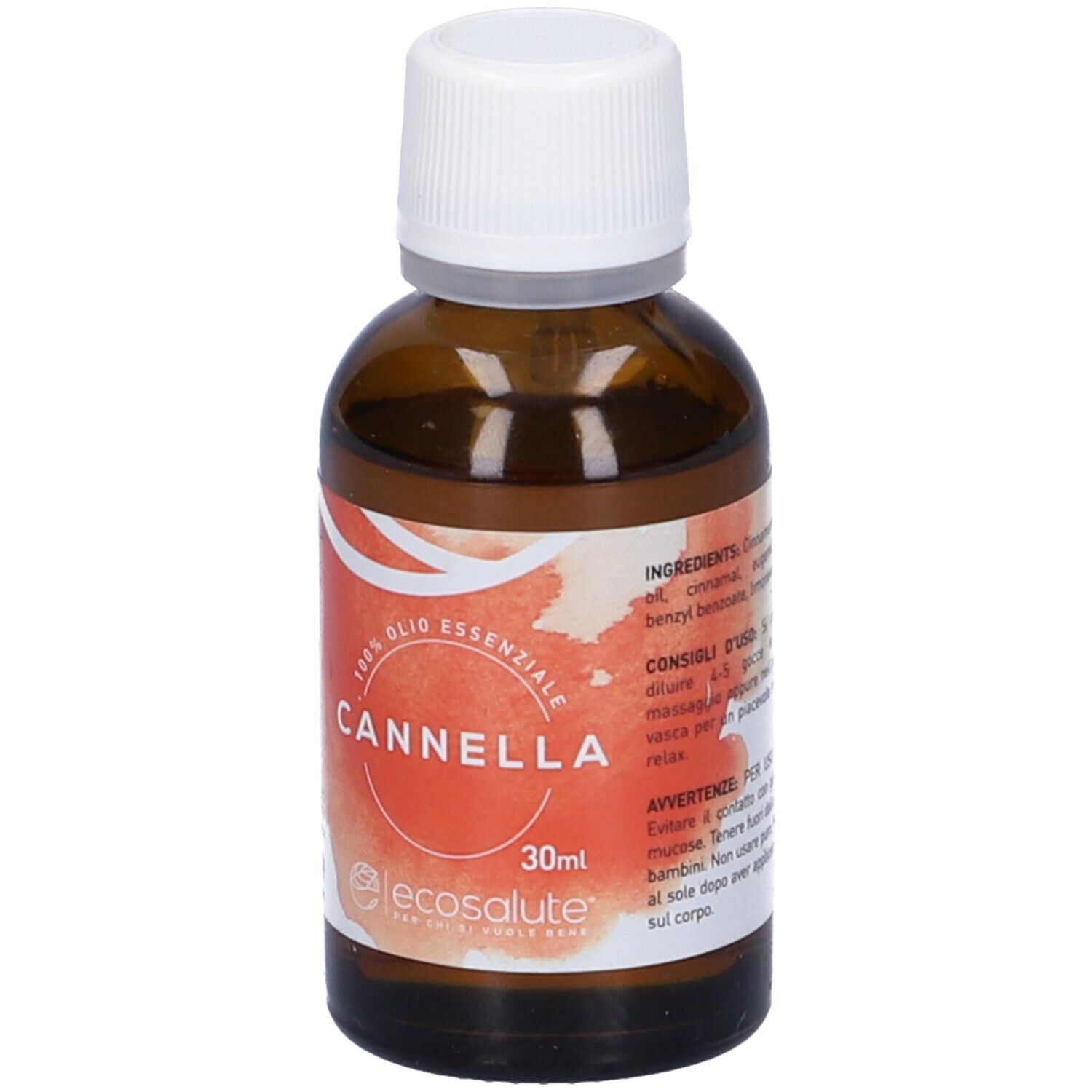 Flacone di vetro marrone con tappo bianco. L'etichetta indica "Cannella" e "Olio Essenziale". Scritta "30ml" e logo.
